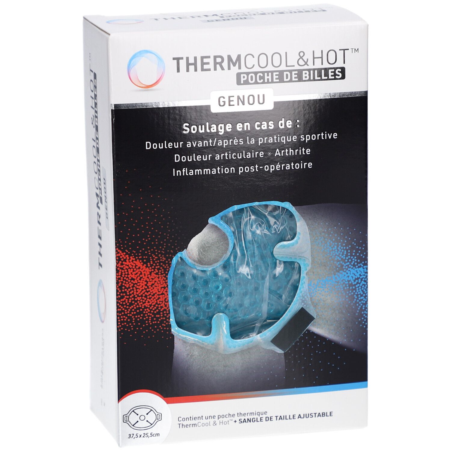Emballage du produit. Inscription: ThermCool&Hot, Poche de Billes, Genou. Produit bleu dans une housse. Texte: Soulagement de la douleur.