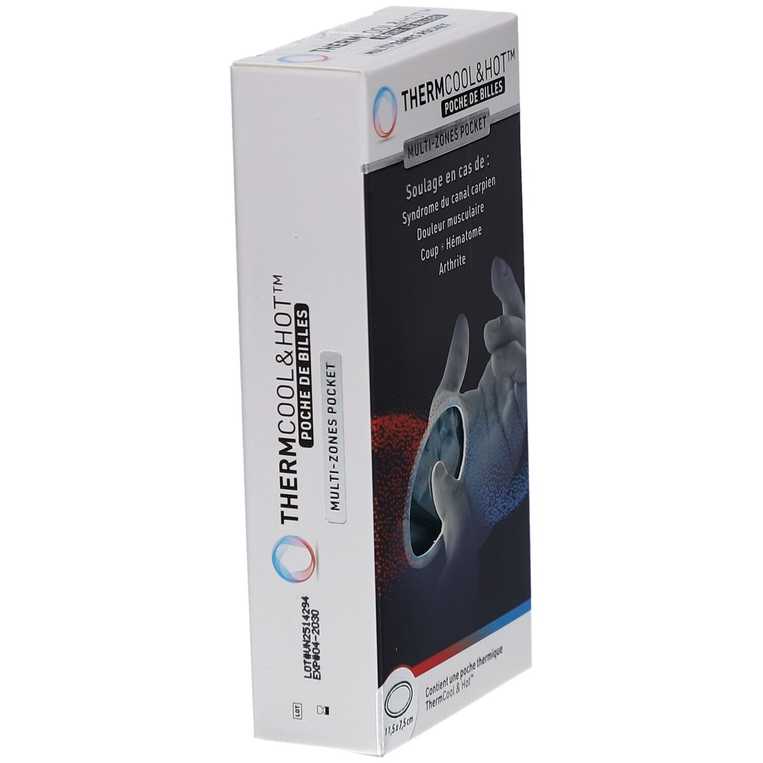 Vue en biais de la boîte ThermCool&Hot Multi-Zones Pocket. Inscription: Syndrome du canal carpien, douleur musculaire, coup, hématome, arthrite.