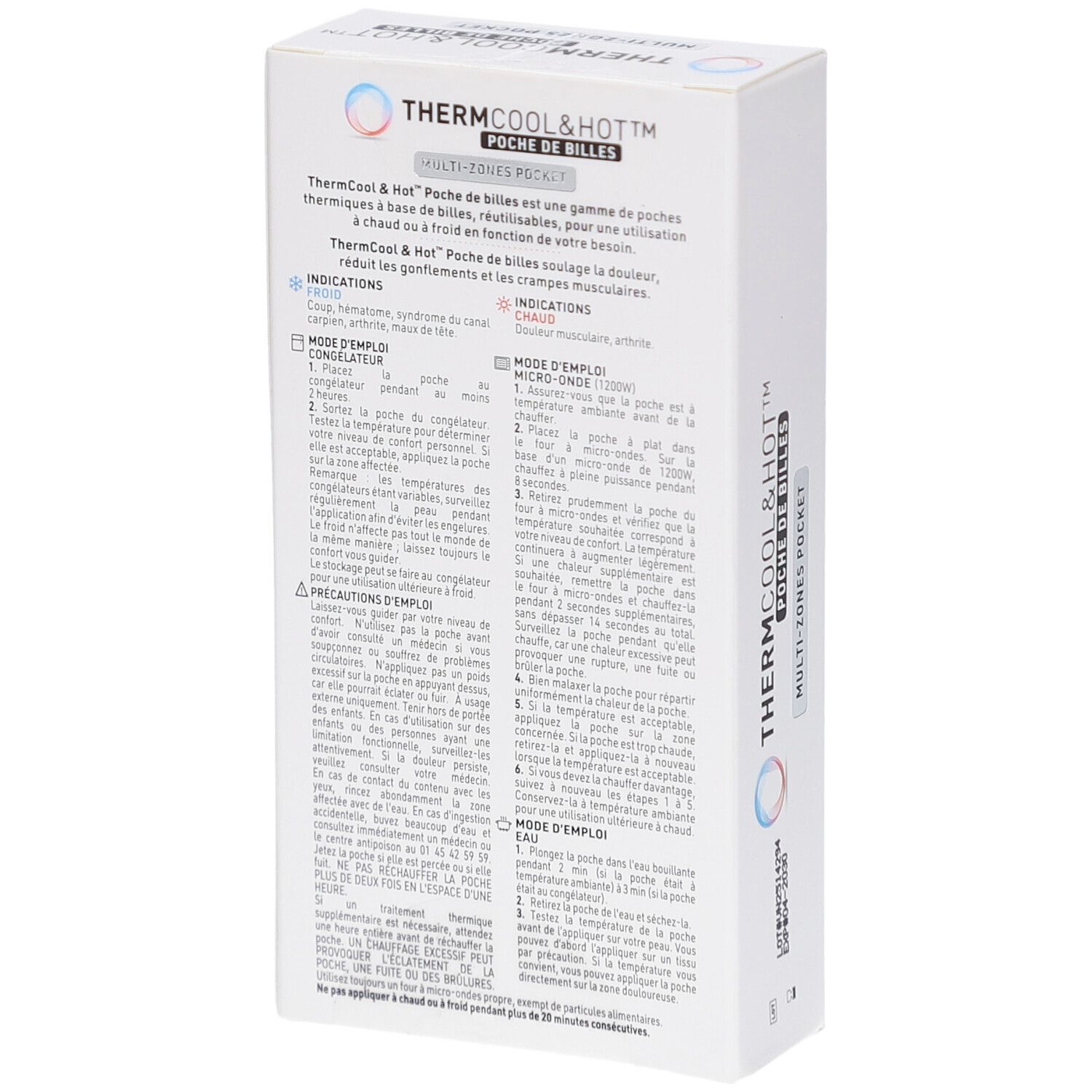 Dos de la boîte ThermCool&Hot Multi-Zones Pocket. Texte: Mode d'emploi, indications, utilisation.