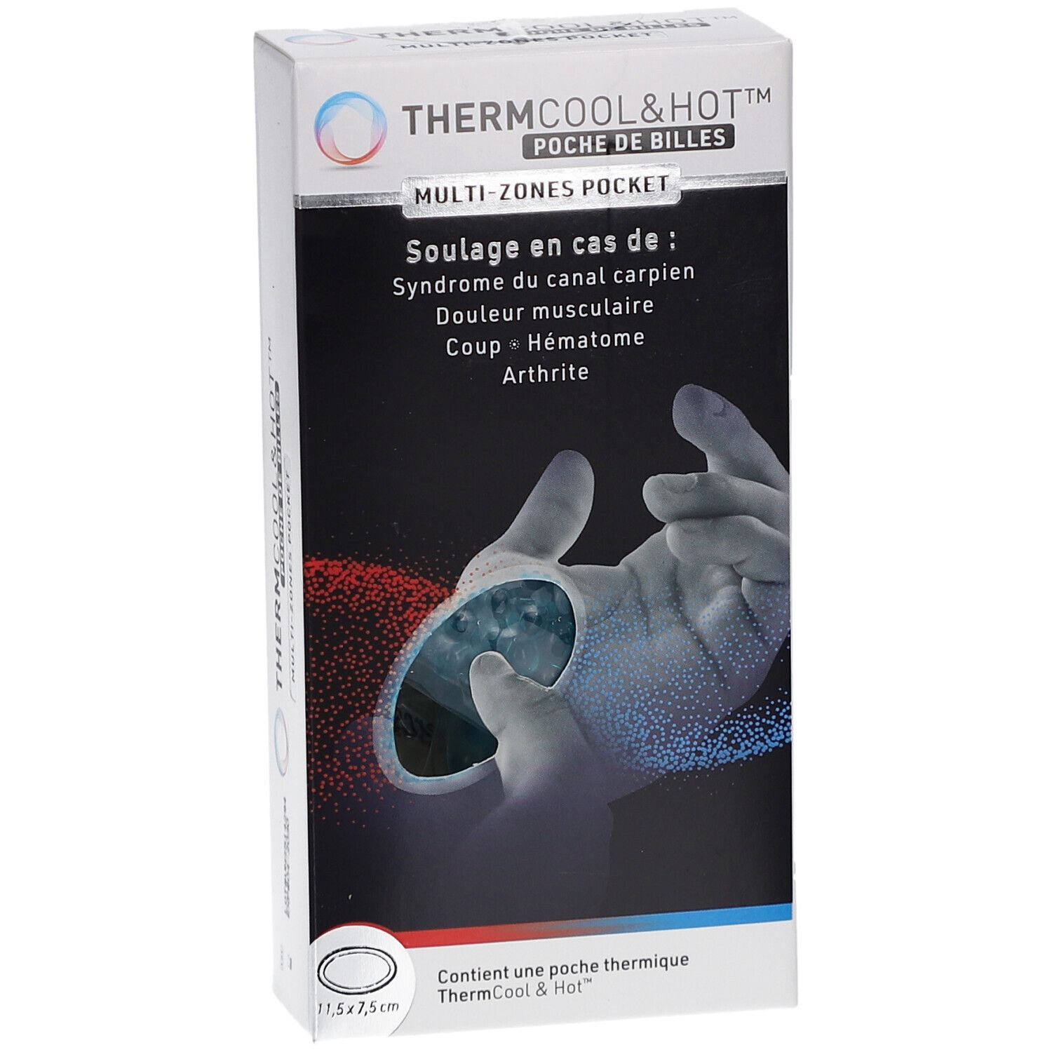 Face avant de la boîte ThermCool&Hot Multi-Zones Pocket. Inscription: Syndrome du canal carpien, douleur musculaire, coup, hématome, arthrite.