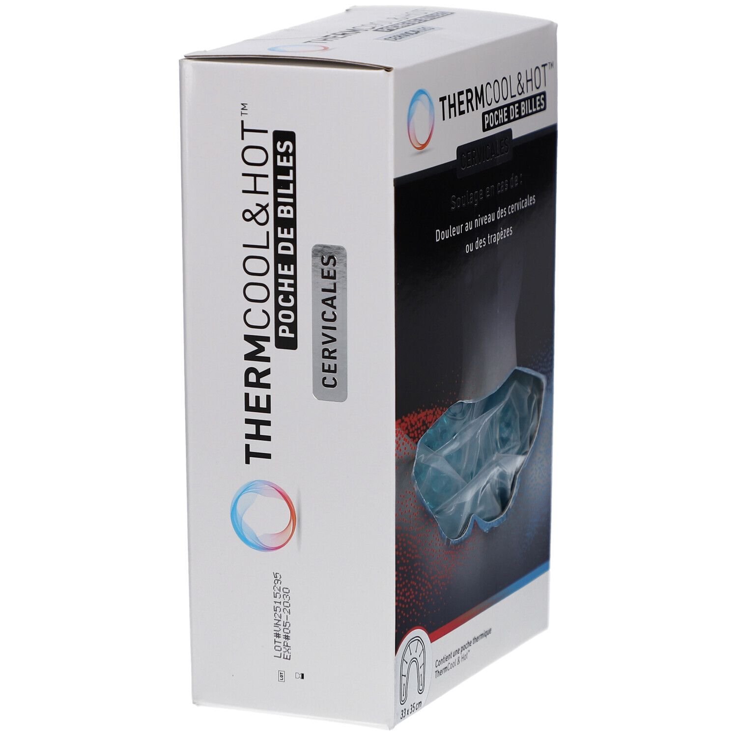 Vue latérale de la boîte ThermCool&Hot. Texte: Cervicales. Image du produit. Dimensions: 33x35 cm.