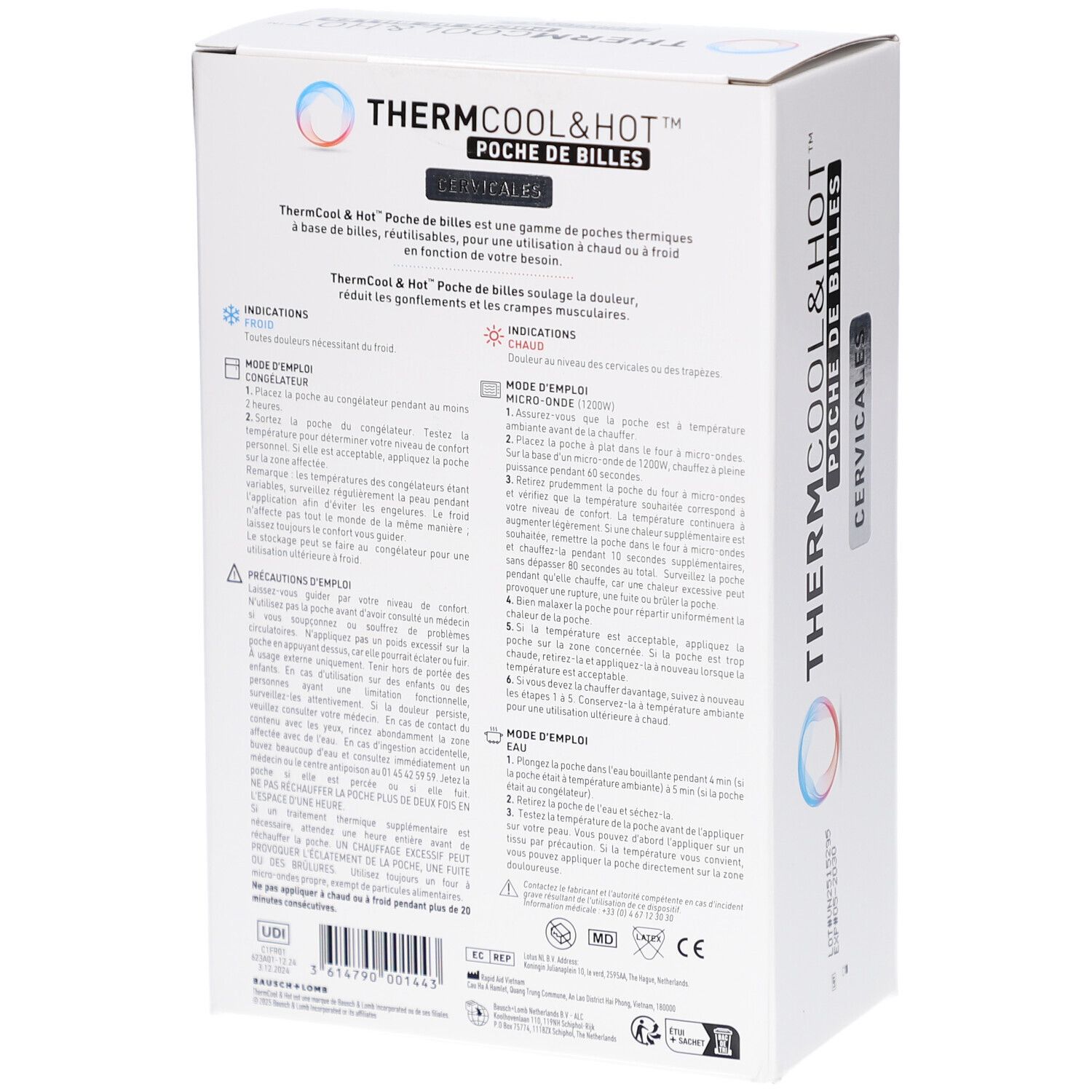 Dos de la boîte ThermCool&Hot. Texte: Mode d'emploi, Indications. Marquage CE.