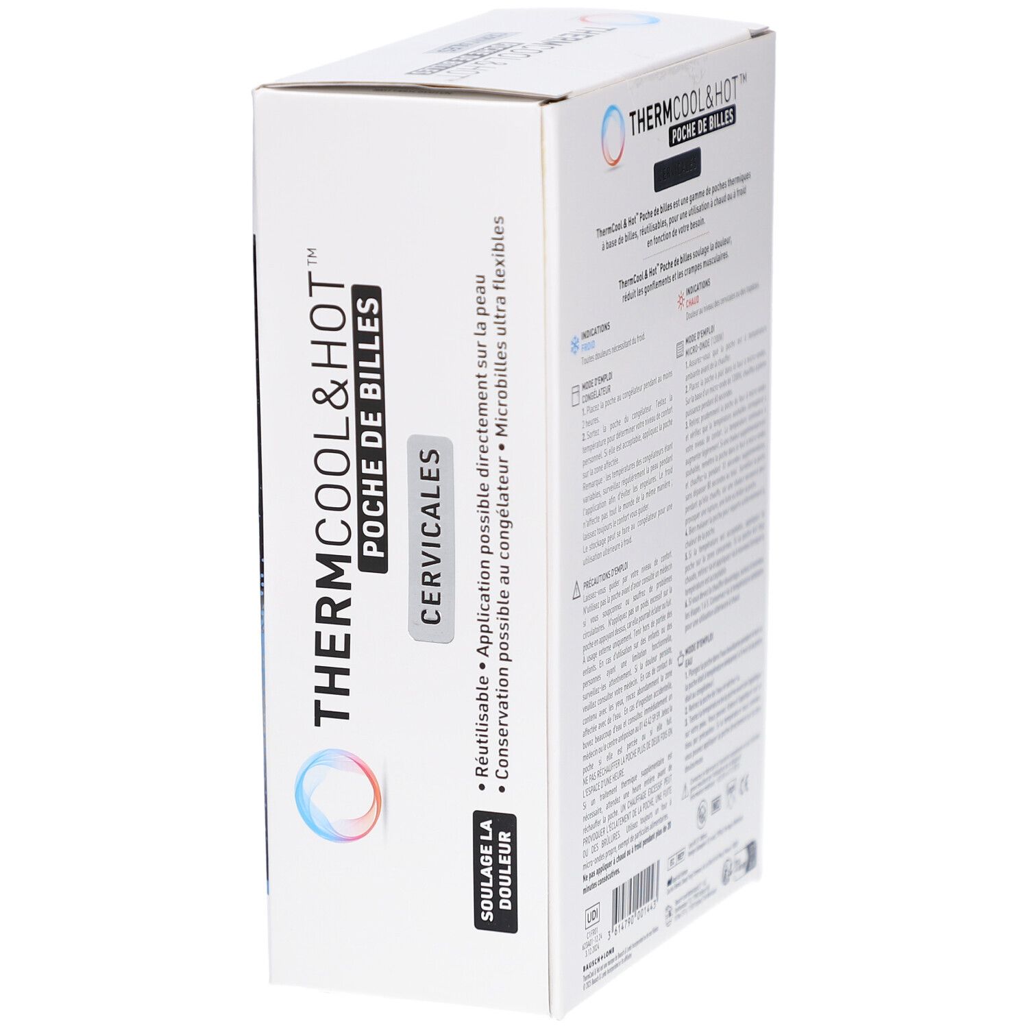 Boîte ThermCool&Hot. Texte: Cervicales, réutilisable, application directe sur la peau. Marquage CE.