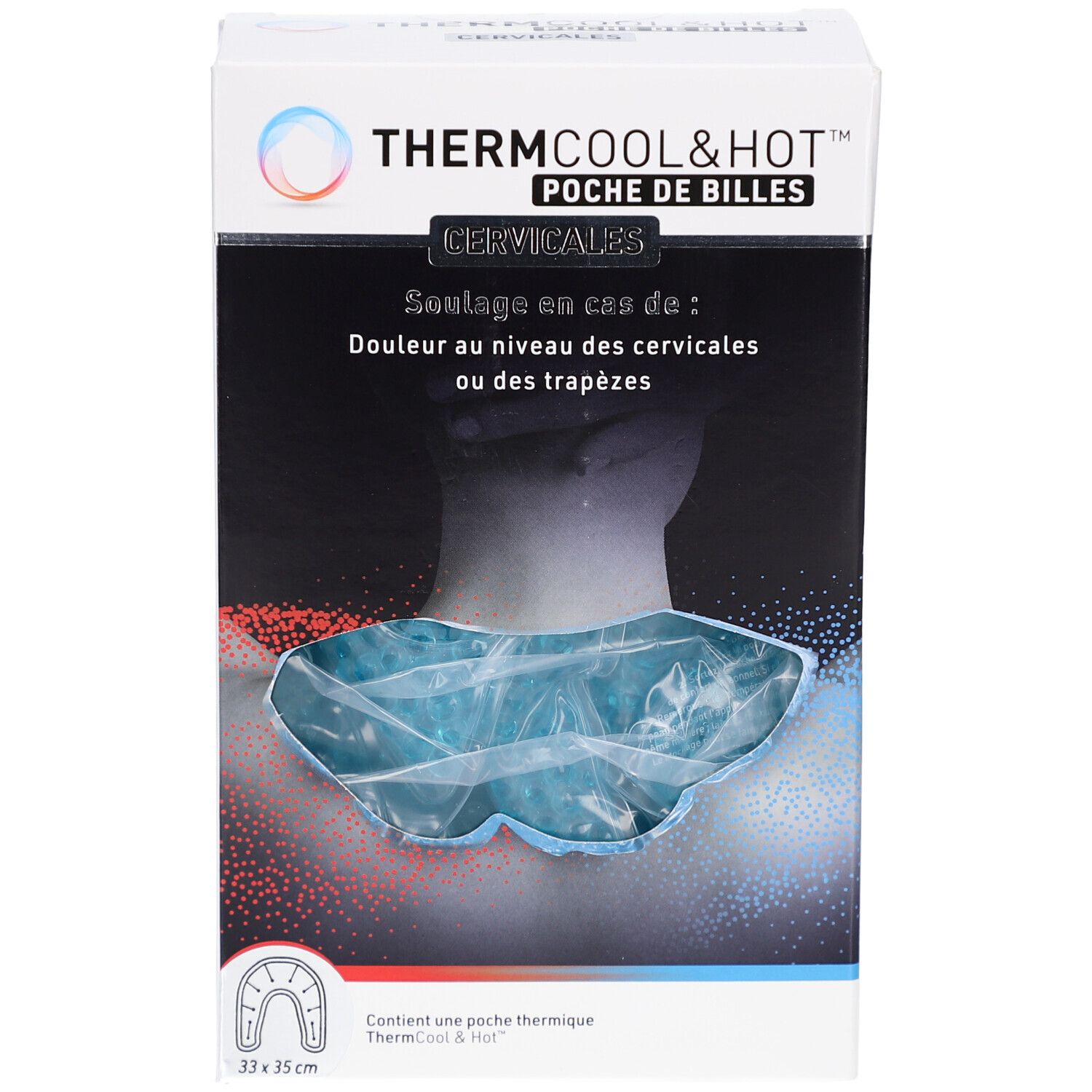 Boîte ThermCool&Hot pour cervicales. Poche de billes bleue visible. Texte: Cervicales, 33x35 cm.