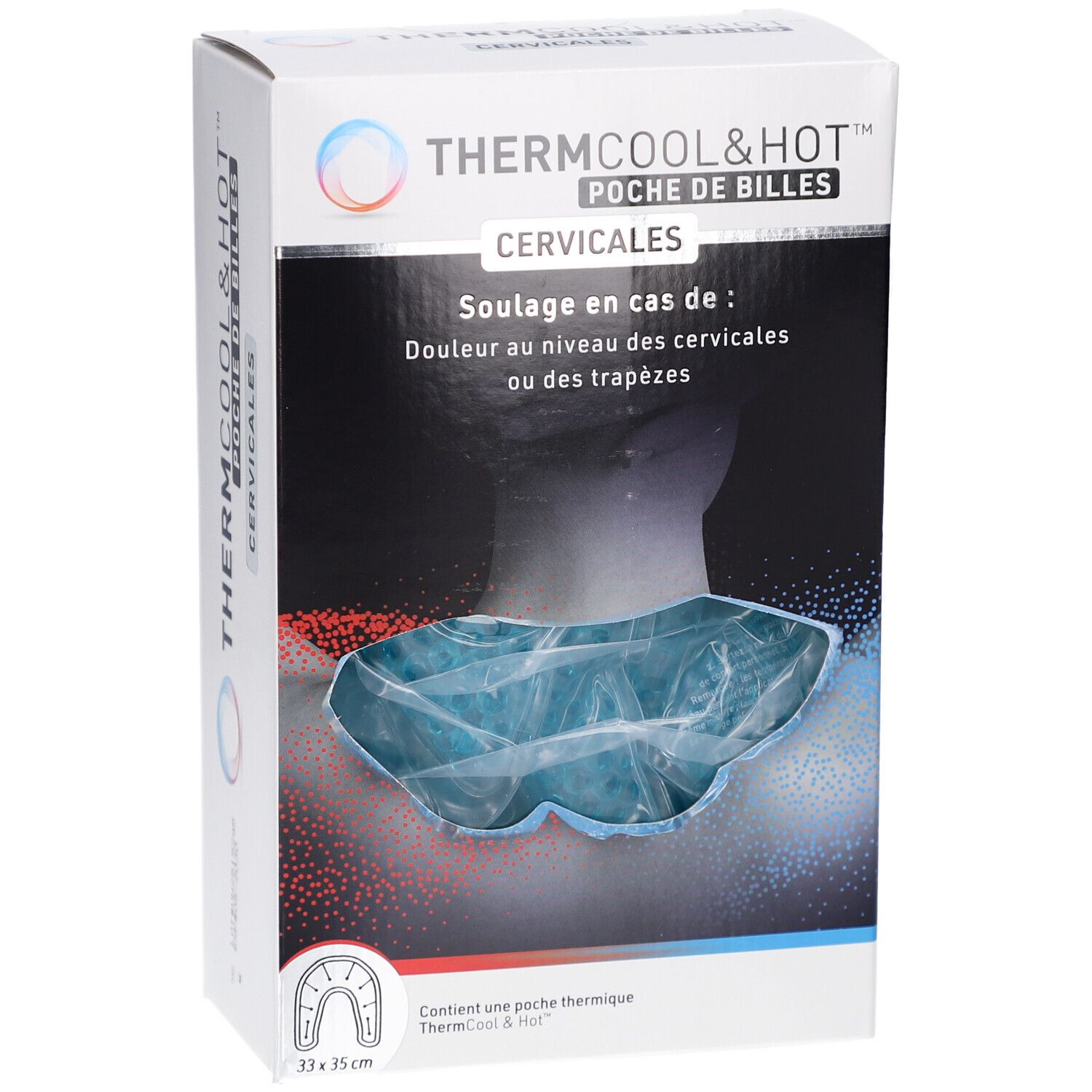 Boîte ThermCool&Hot pour cervicales. Poche de billes bleue visible. Texte: Cervicales, 33x35 cm.