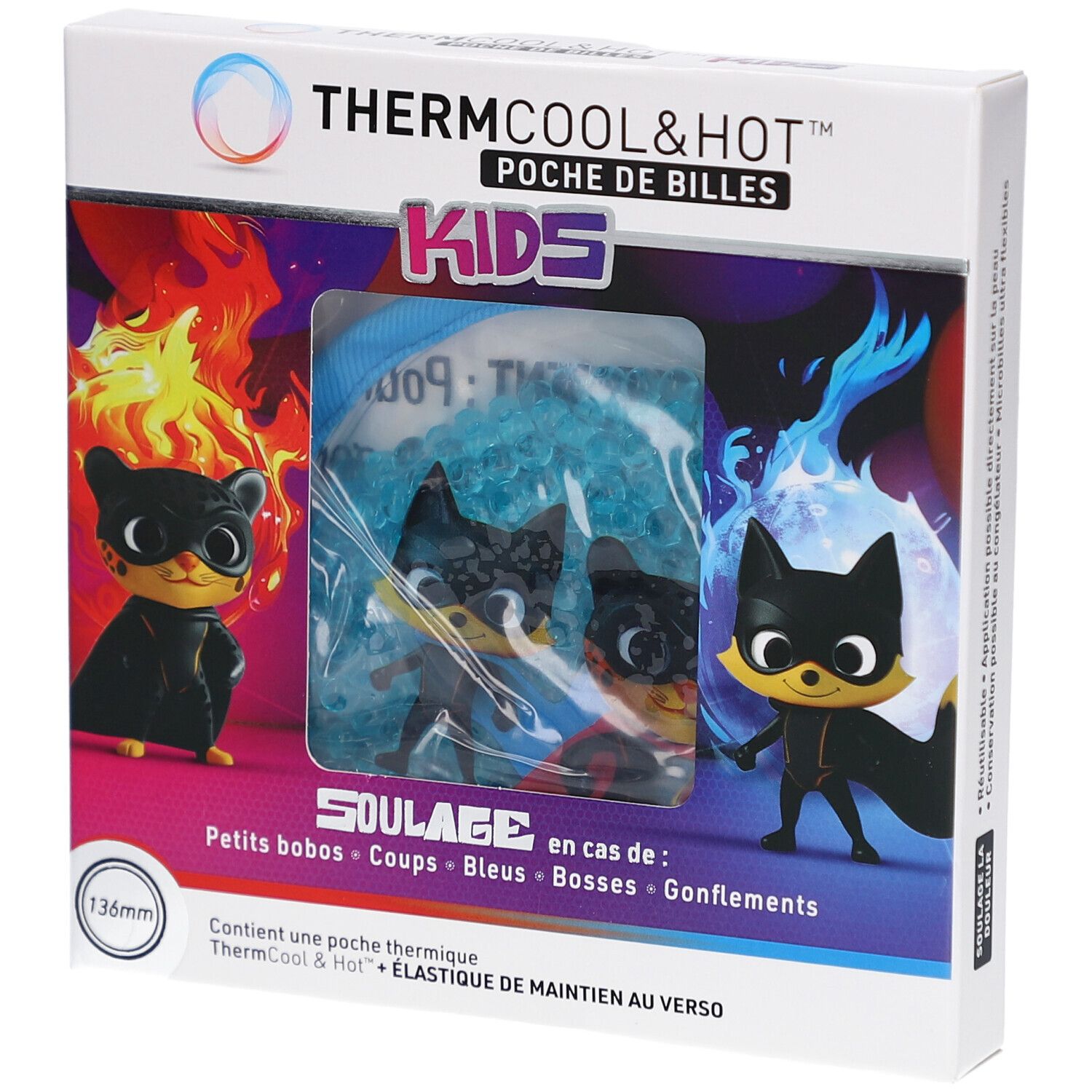 Boîte de produit. Inscription: ThermCool&Hot Poche de Billes Kids. Illustration: personnage de dessin animé. Contient une poche thermique.
