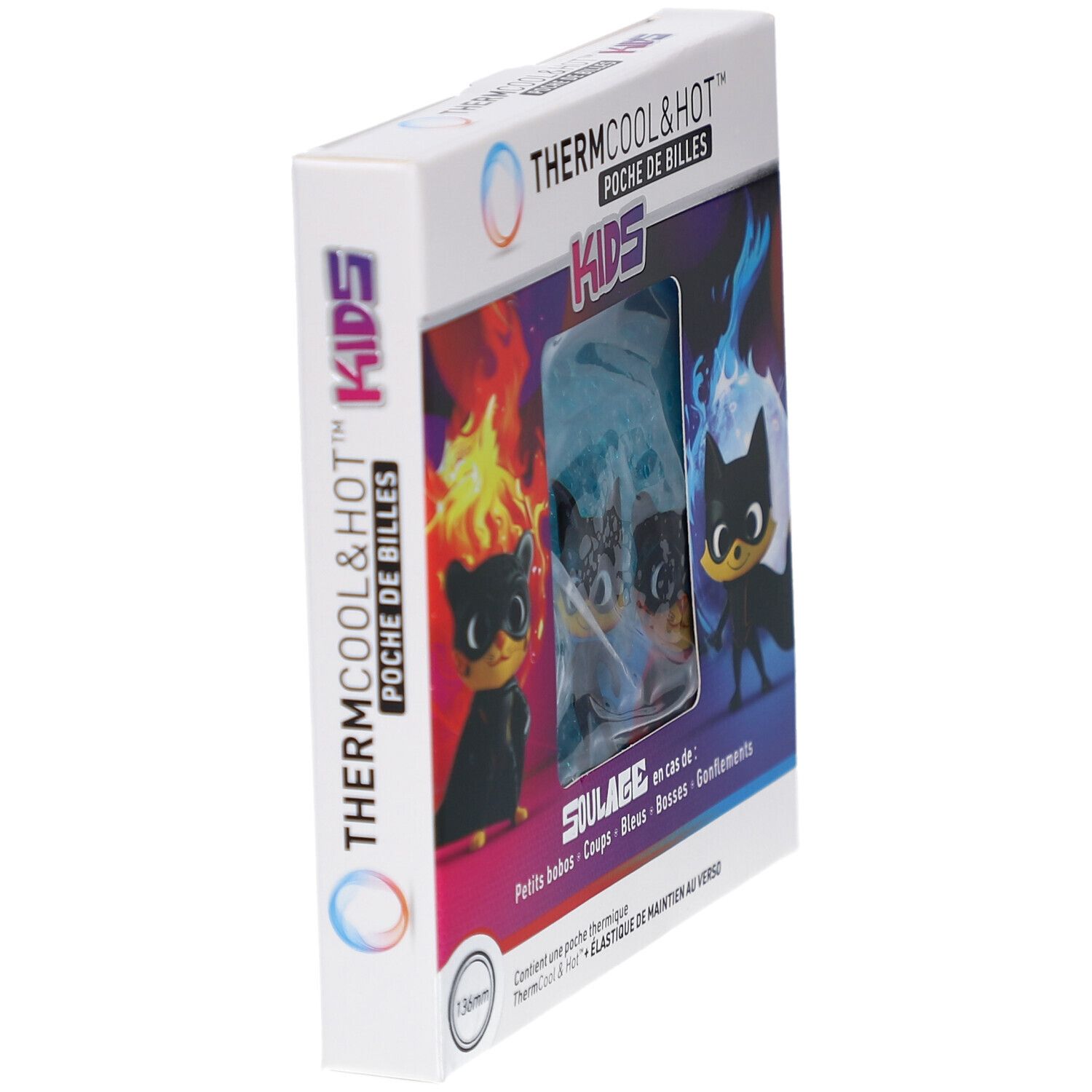 Emballage du produit, en biais. Inscription: ThermCool&Hot Poche de Billes Kids. Illustration: personnage de dessin animé. Contient une poche thermique.