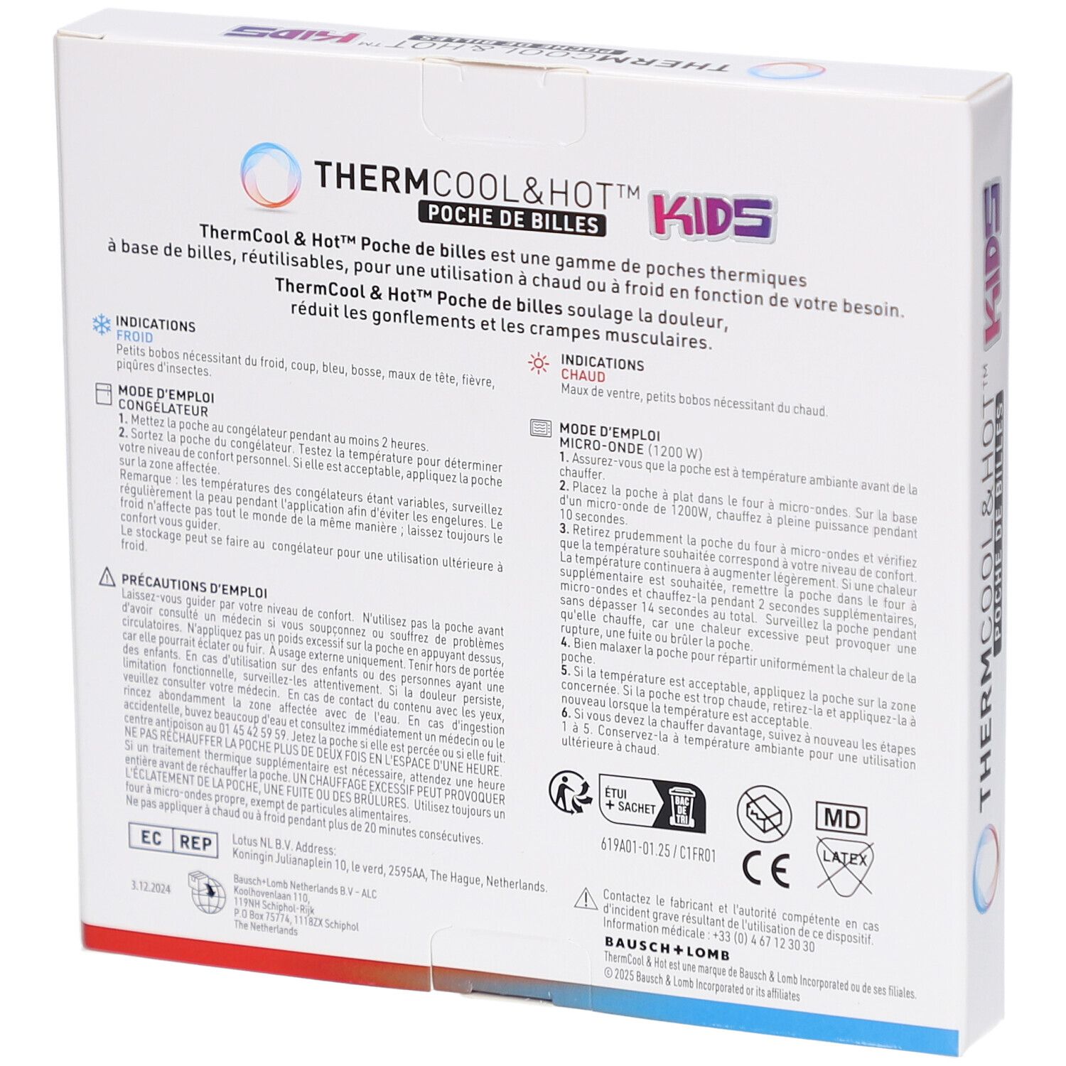 Dos de l'emballage du produit. Texte: ThermCool&Hot Poche de Billes Kids. Mode d'emploi, précautions, certifications.