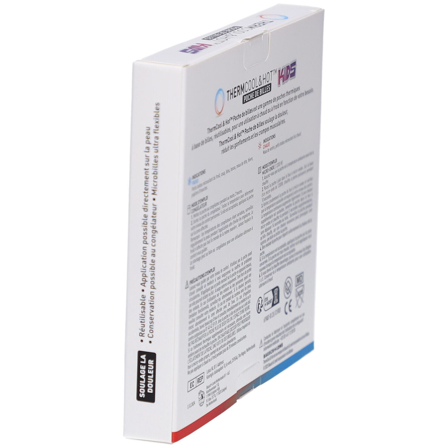 Emballage du produit, en biais. Texte: ThermCool&Hot Poche de Billes Kids. Réutilisable, application directe sur la peau.