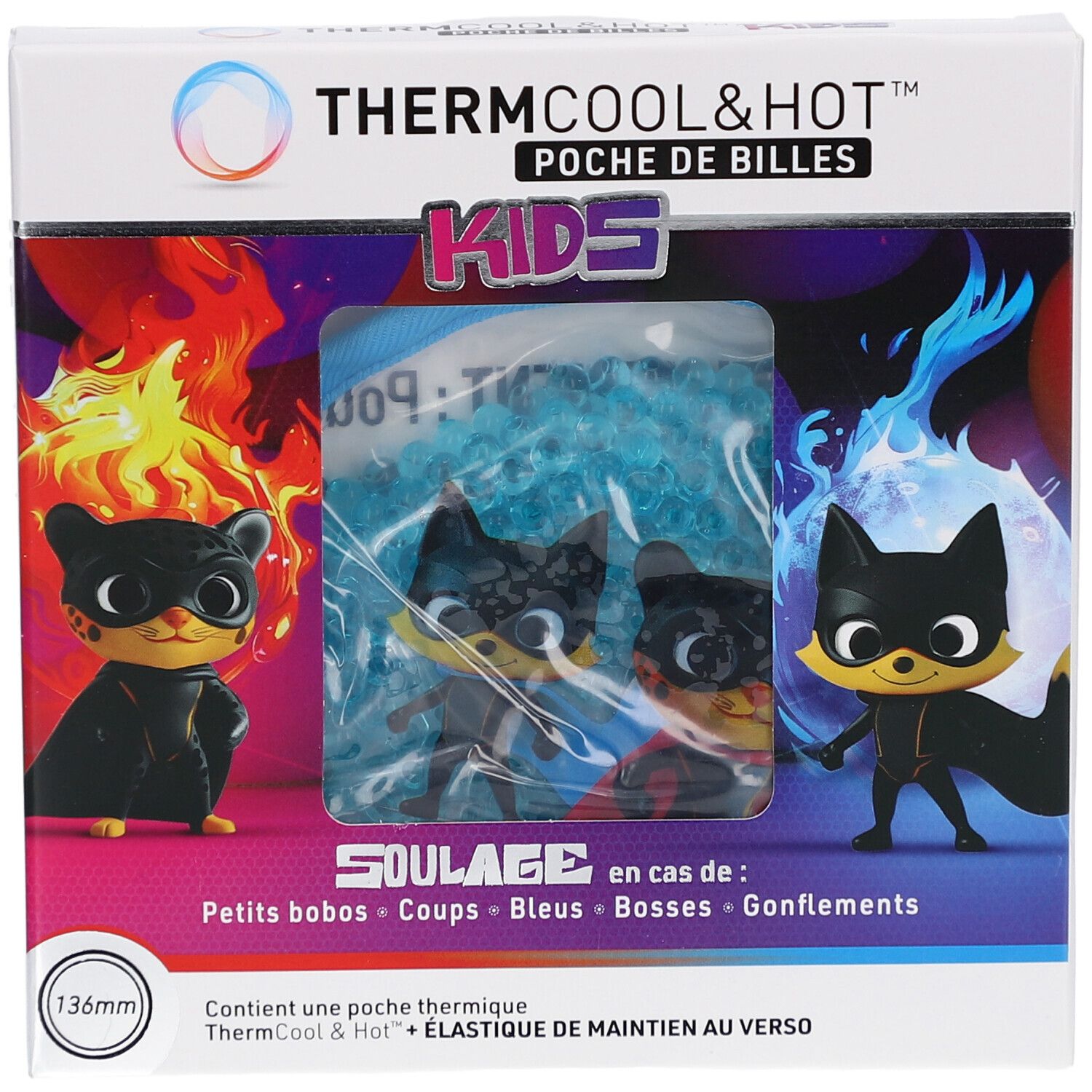 Emballage du produit. Inscription: ThermCool&Hot Poche de Billes Kids. Illustration: personnage de dessin animé. Contient une poche thermique. Taille: 136mm.
