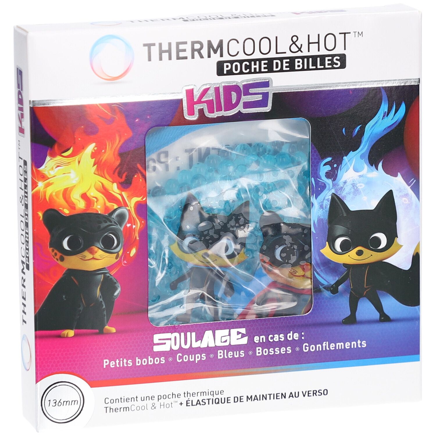 Emballage du produit. Inscription: ThermCool&Hot Poche de Billes Kids. Illustration: personnage de dessin animé. Contient une poche thermique. Taille: 136mm.