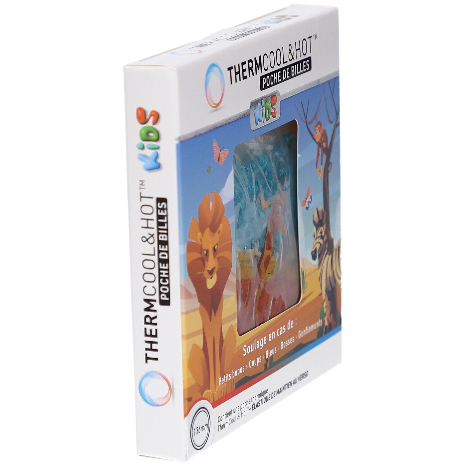 Boîte du produit en biais. Inscription: ThermCool&Hot, Poche de Billes Kids. Illustrations: lion, girafe, zèbre, singe.