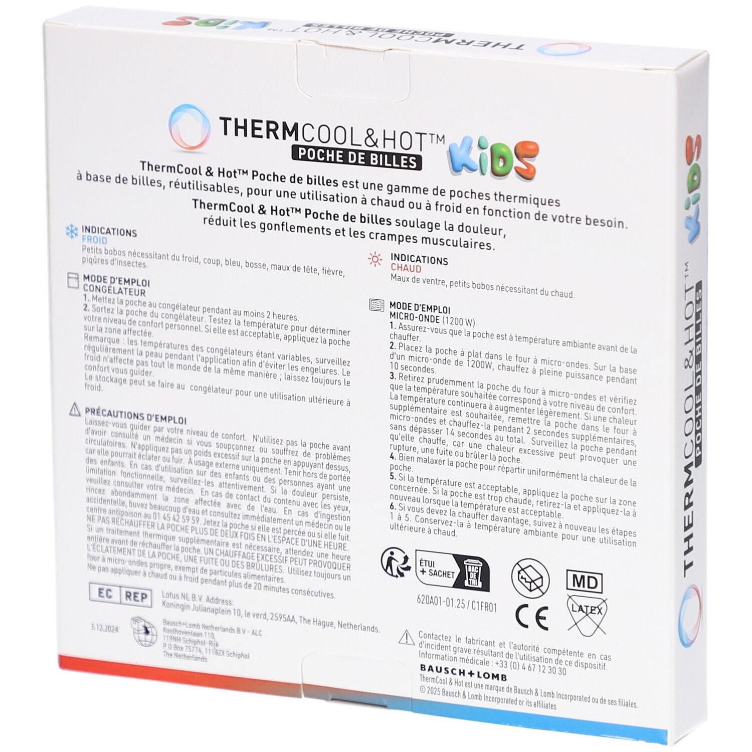 Dos de la boîte du produit. Texte: ThermCool&Hot, Poche de Billes Kids. Mode d'emploi, avertissements, certifications.