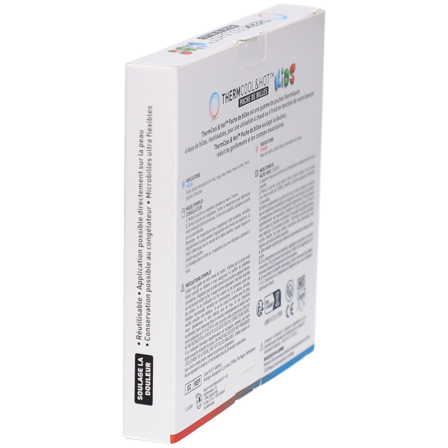 Boîte du produit en biais. Texte: ThermCool&Hot, Poche de Billes Kids. Instructions d'utilisation, certifications.