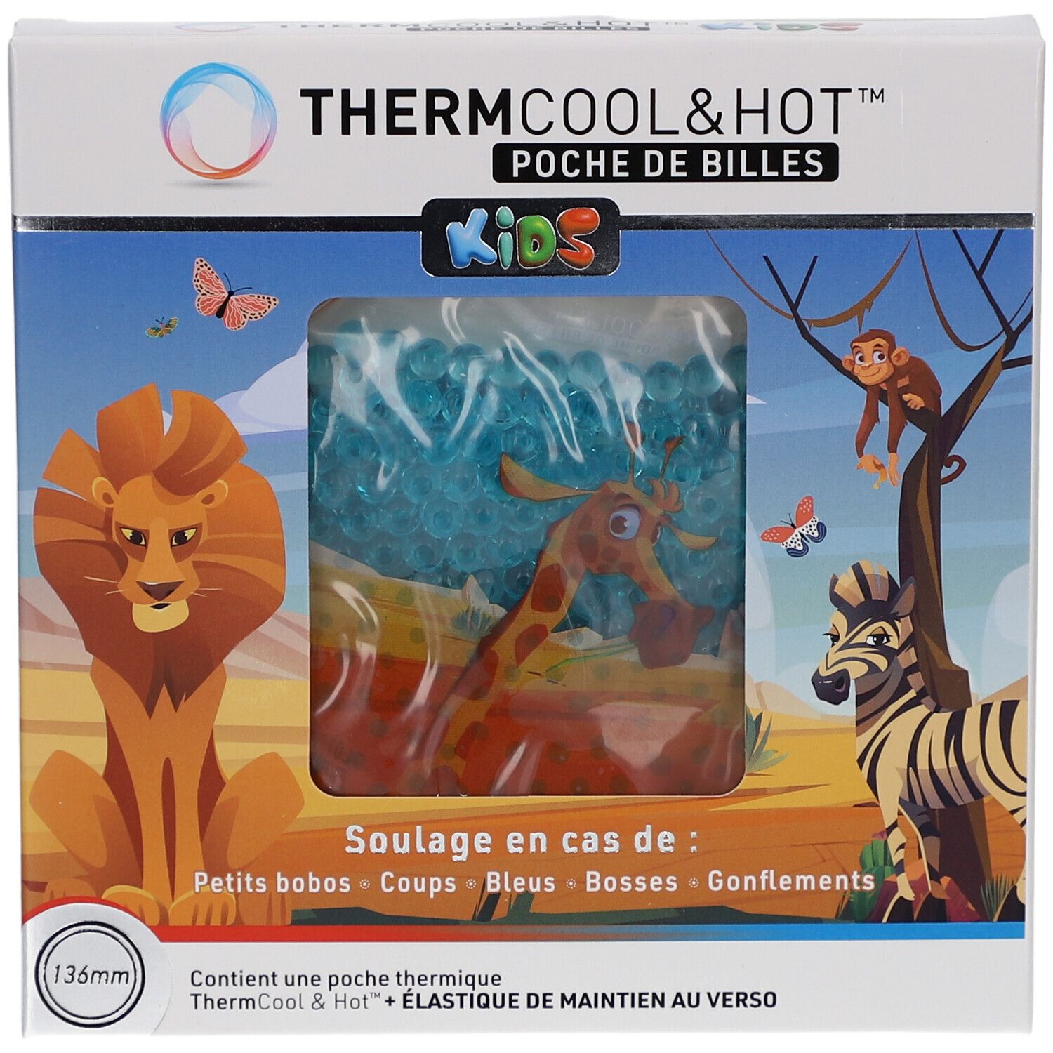Boîte du produit. Inscription: ThermCool&Hot, Poche de Billes Kids. Illustrations: lion, girafe, zèbre, singe. 136mm.