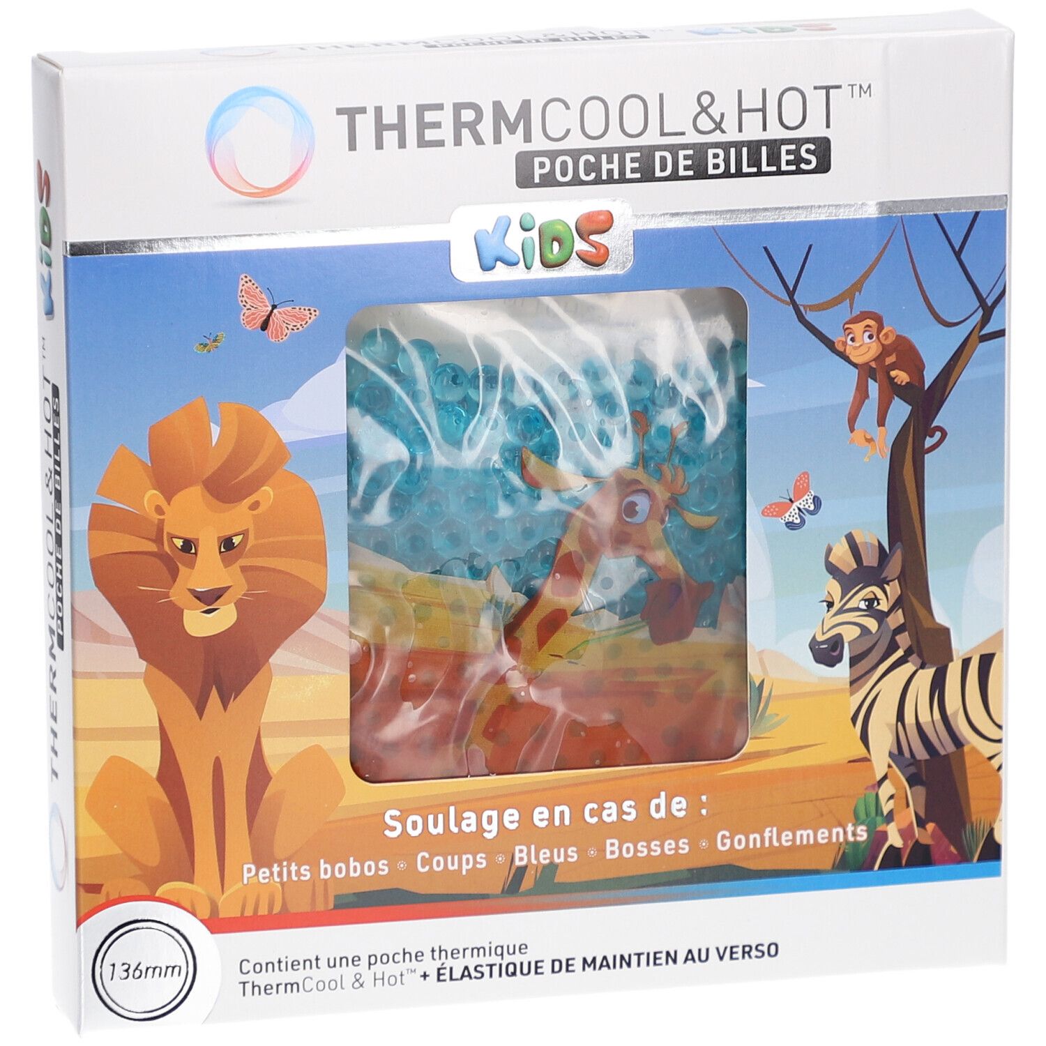 Boîte du produit. Inscription: ThermCool&Hot, Poche de Billes Kids. Illustrations: lion, girafe, zèbre, singe. 136mm.