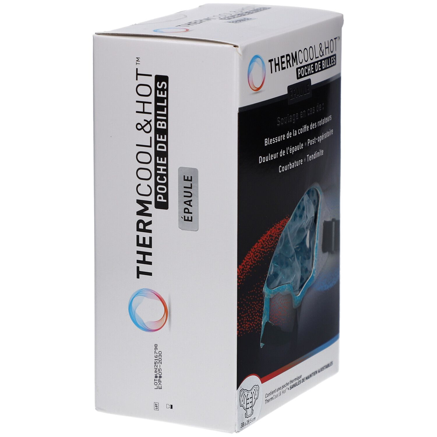 Boîte THERMCOOL & HOT POCHE DE BILLES EPAULE. Blanche avec nom et logo du produit. Contient des informations d'utilisation.