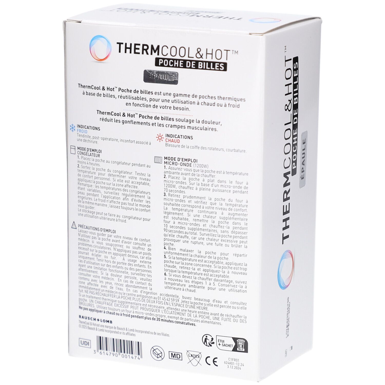 Dos de la boîte THERMCOOL & HOT POCHE DE BILLES EPAULE. Contient des informations sur le produit, des instructions et des logos.