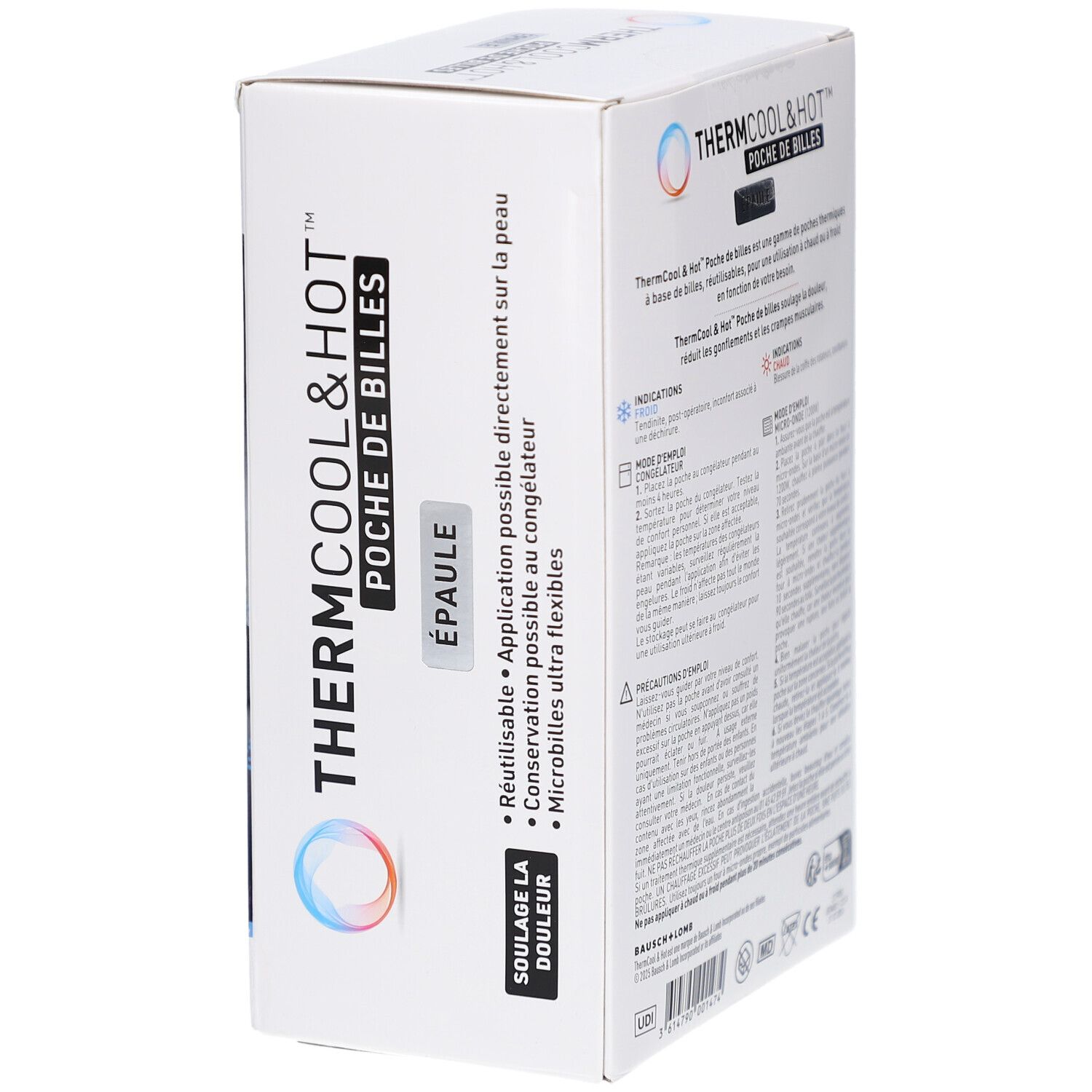 Boîte THERMCOOL & HOT POCHE DE BILLES EPAULE. Contient des informations sur le produit, réutilisable, applicable sur la peau.