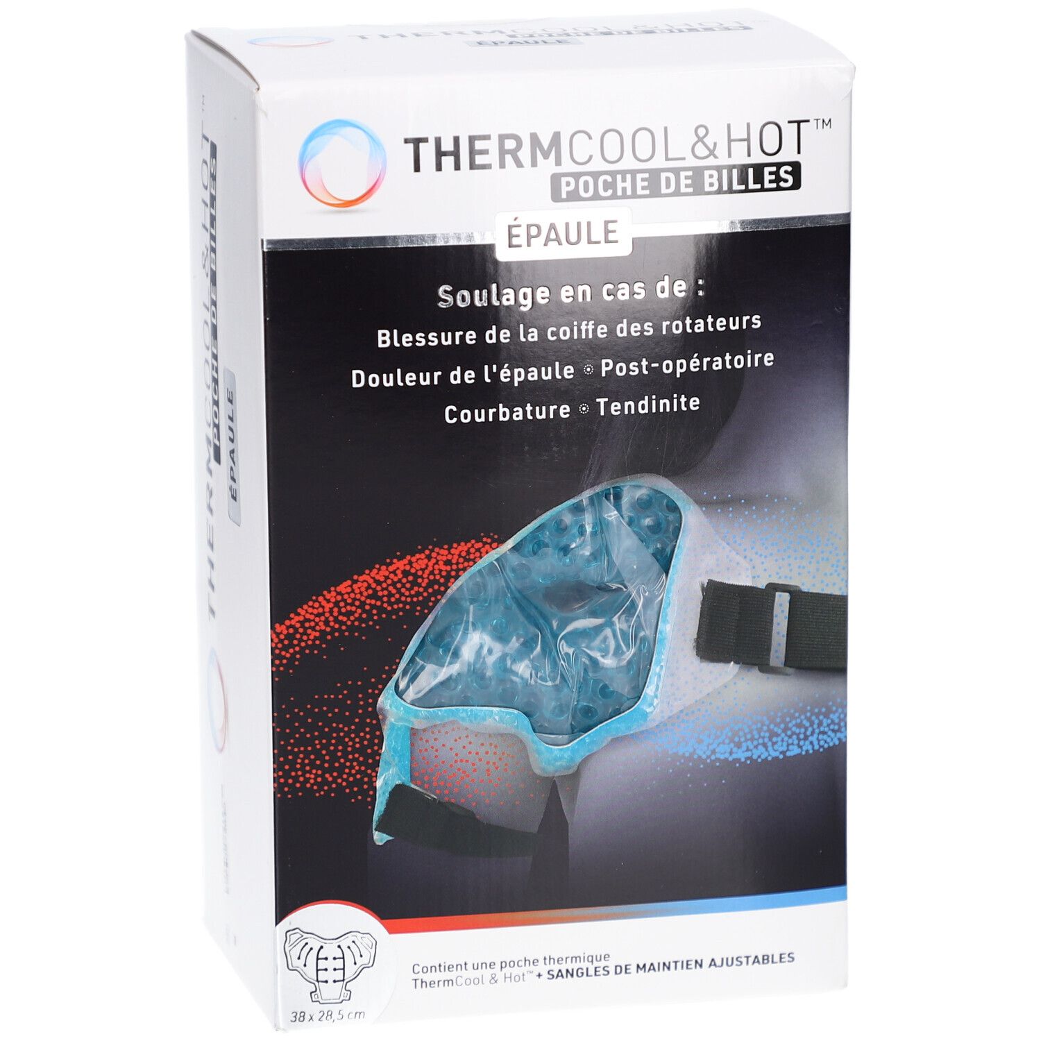 Boîte THERMCOOL & HOT POCHE DE BILLES EPAULE. Montre une attelle d'épaule avec le nom du produit et des exemples d'utilisation.