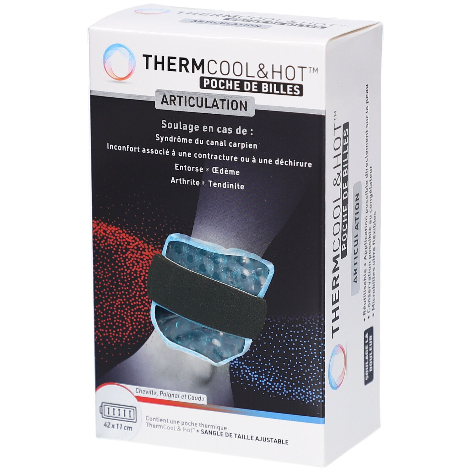Boîte Thermcool&Hot. Bandage sur poignet. Texte: Thermcool&Hot, Poche de Billes, Articulation. Soulage: canal carpien, entorse.