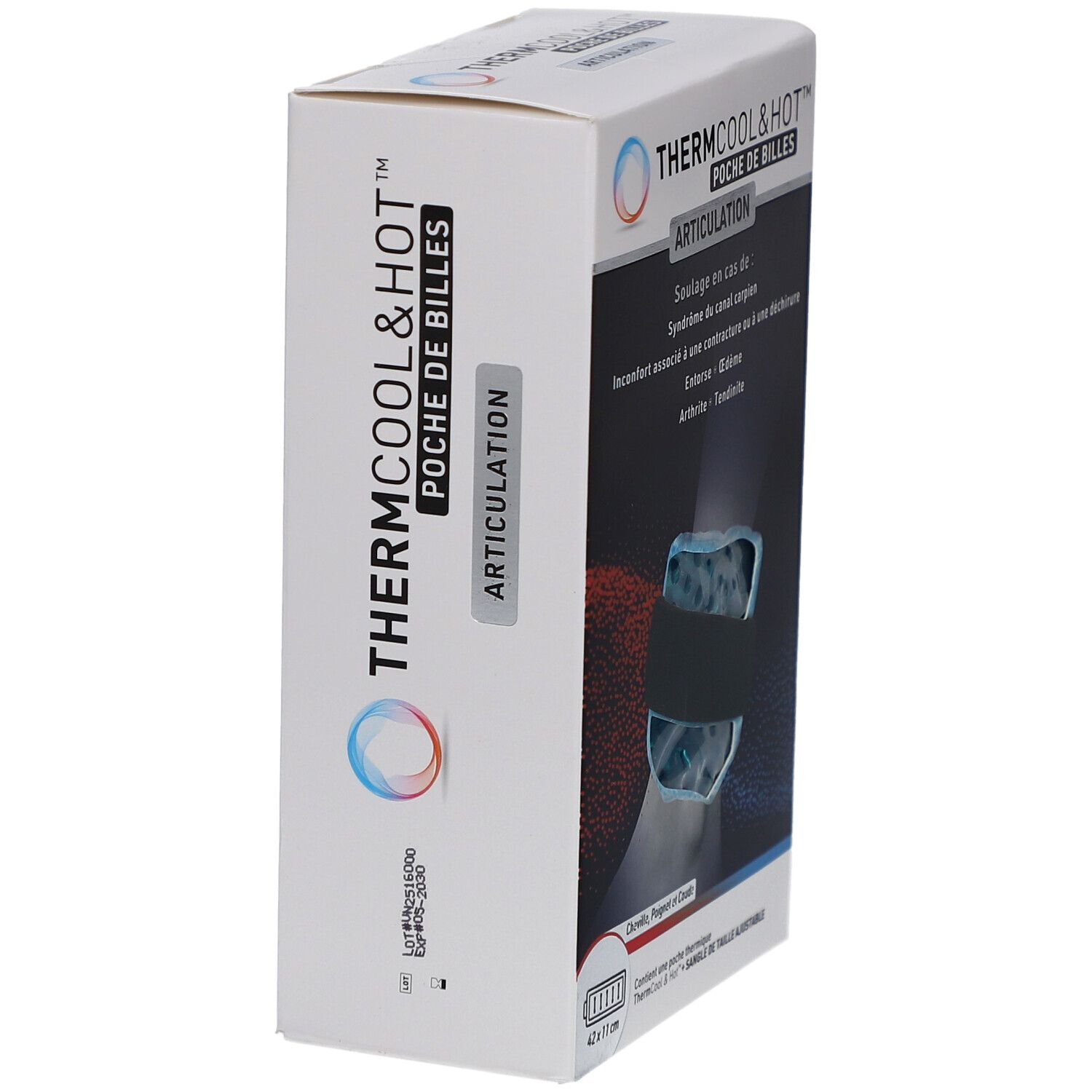 Boîte Thermcool&Hot. Texte: Thermcool&Hot, Poche de Billes, Articulation. Côté avec image produit. Fond blanc.