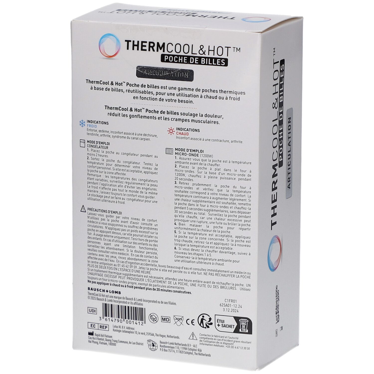 Dos de la boîte Thermcool&Hot. Texte: Thermcool&Hot, Poche de Billes, Articulation. Instructions d'utilisation et ingrédients.