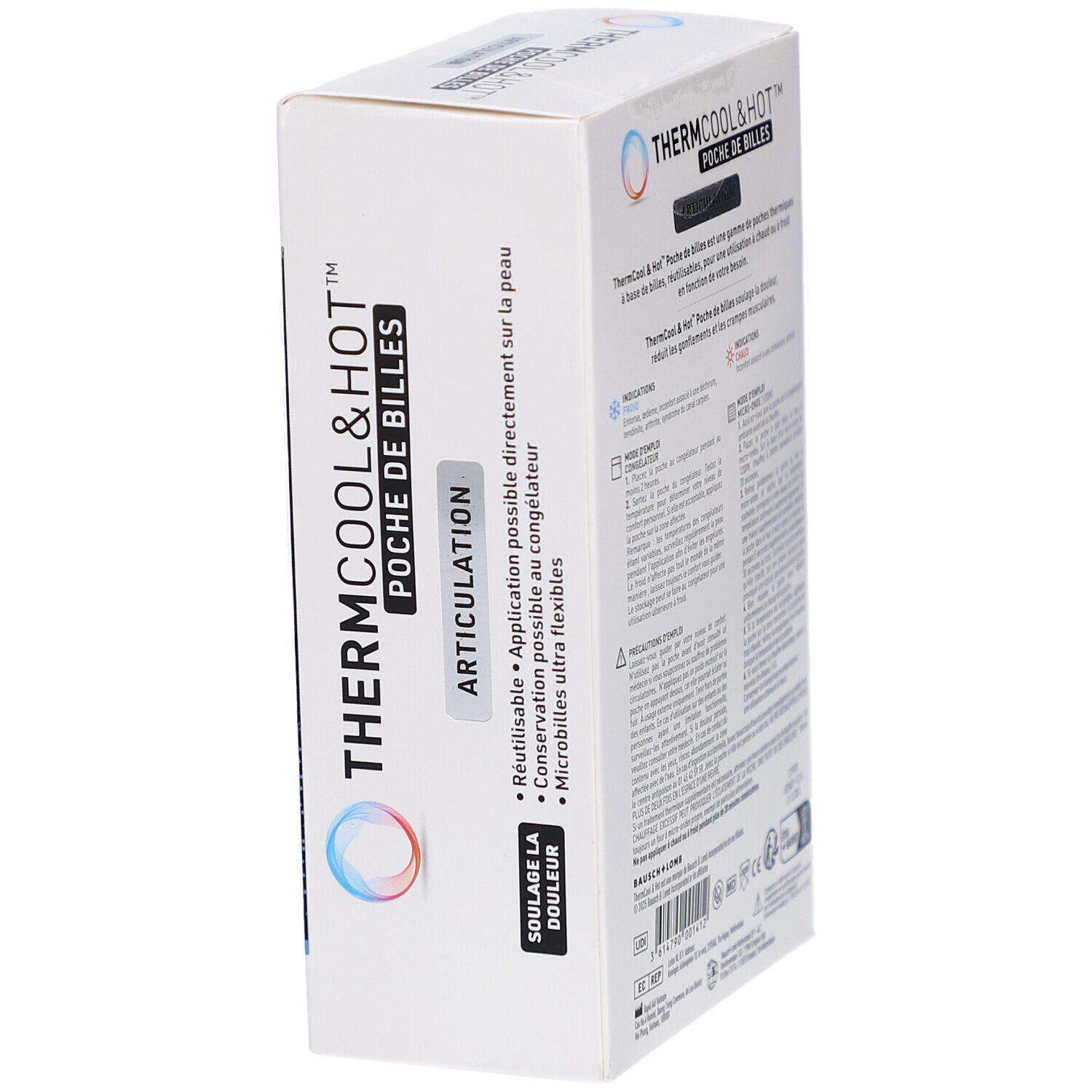 Boîte Thermcool&Hot. Texte: Thermcool&Hot, Poche de Billes, Articulation. Réutilisable, application sur la peau.