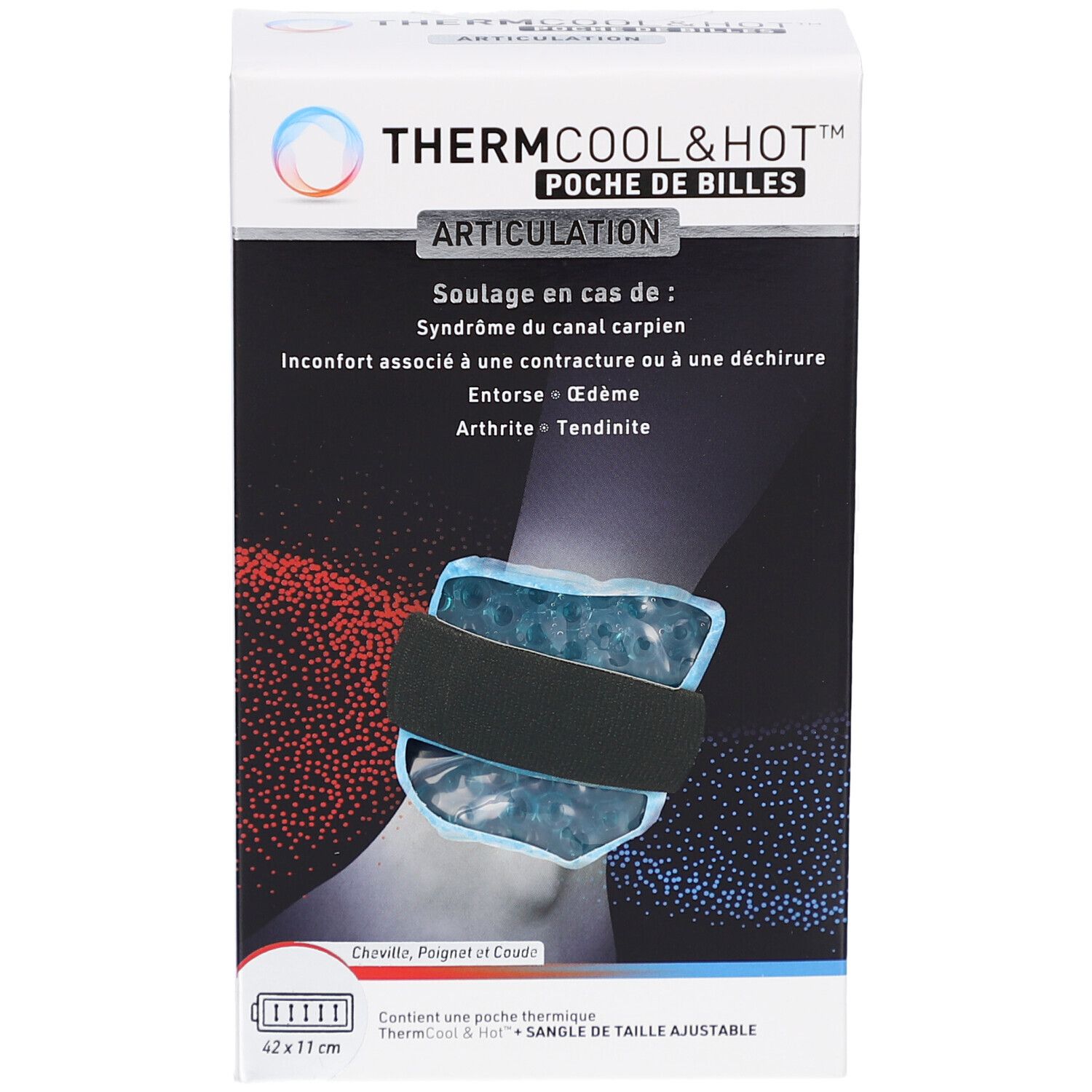 Boîte Thermcool&Hot. Bandage sur poignet. Texte: Thermcool&Hot, Poche de Billes, Articulation. Indications: syndrome du canal carpien.