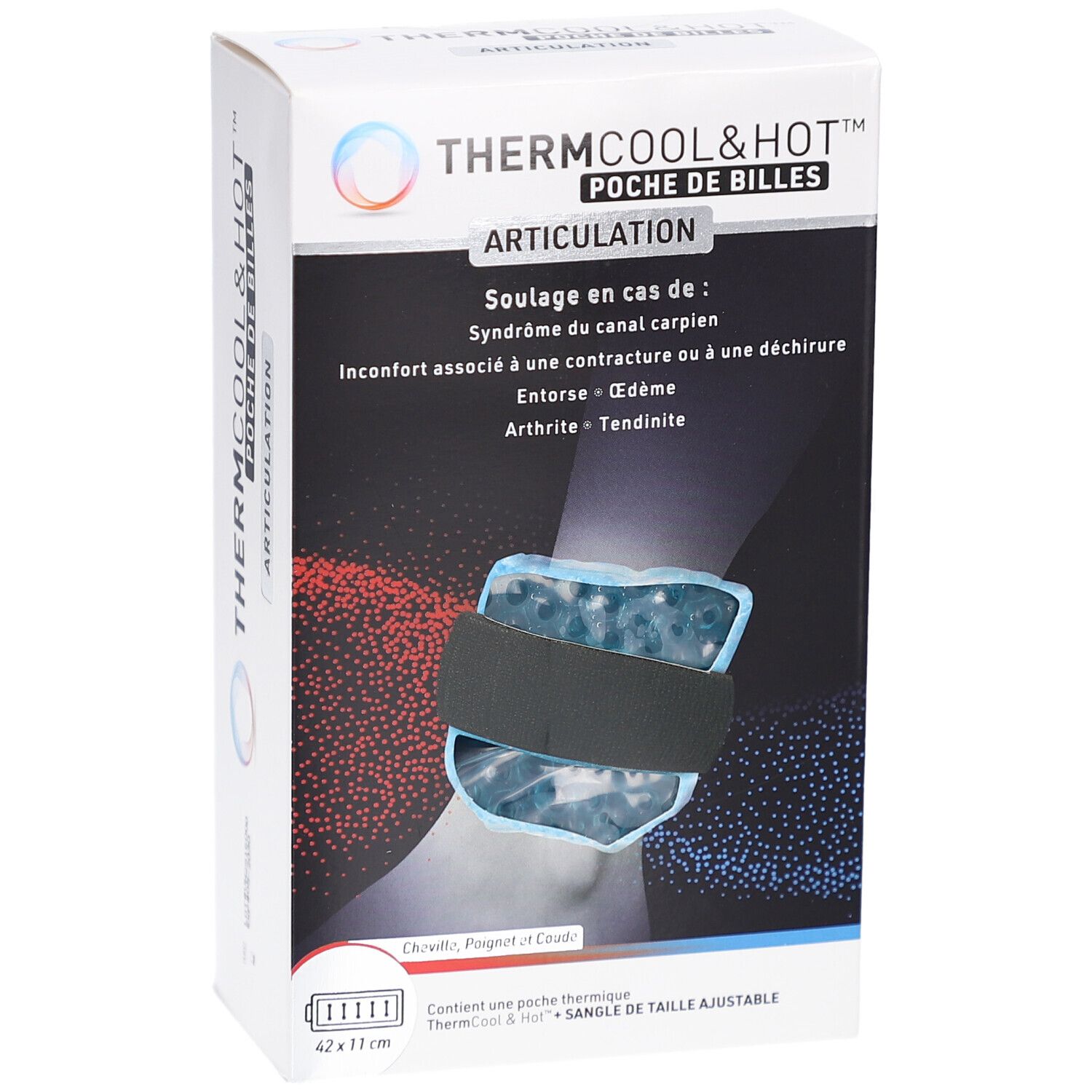 Boîte Thermcool&Hot. Bandage sur poignet. Texte: Thermcool&Hot, Poche de Billes, Articulation. Indications: syndrome du canal carpien.
