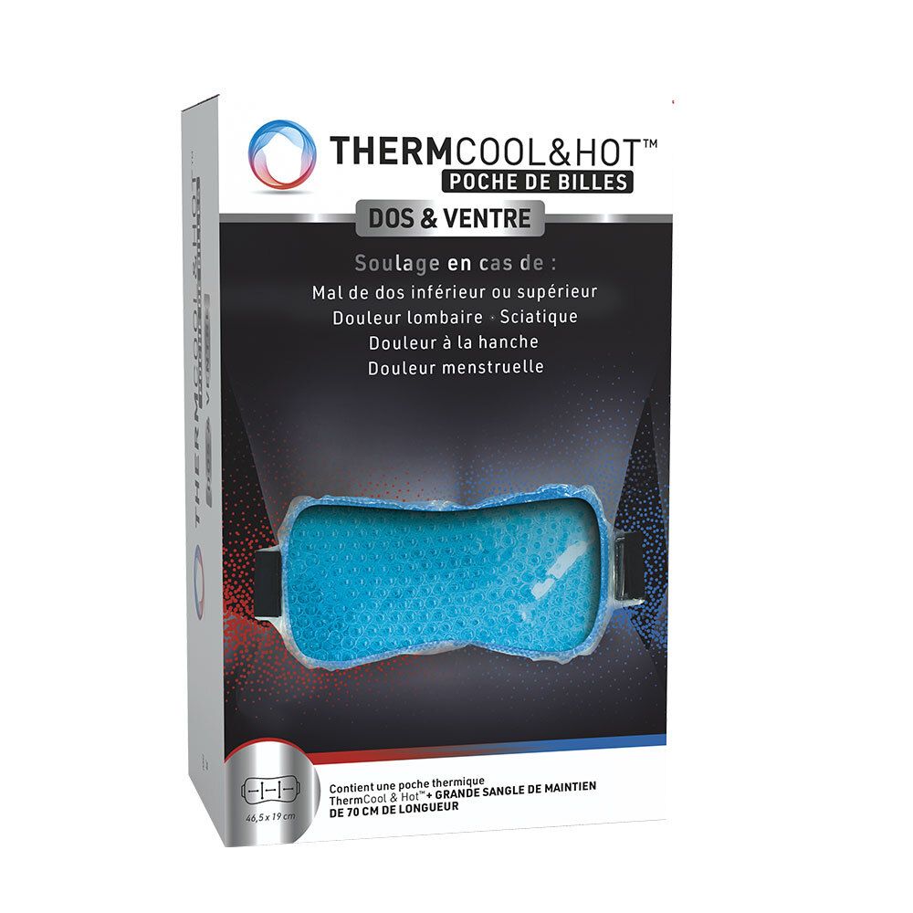 Emballage d'une poche bleue Thermocool & Hot à billes pour le dos et le ventre.