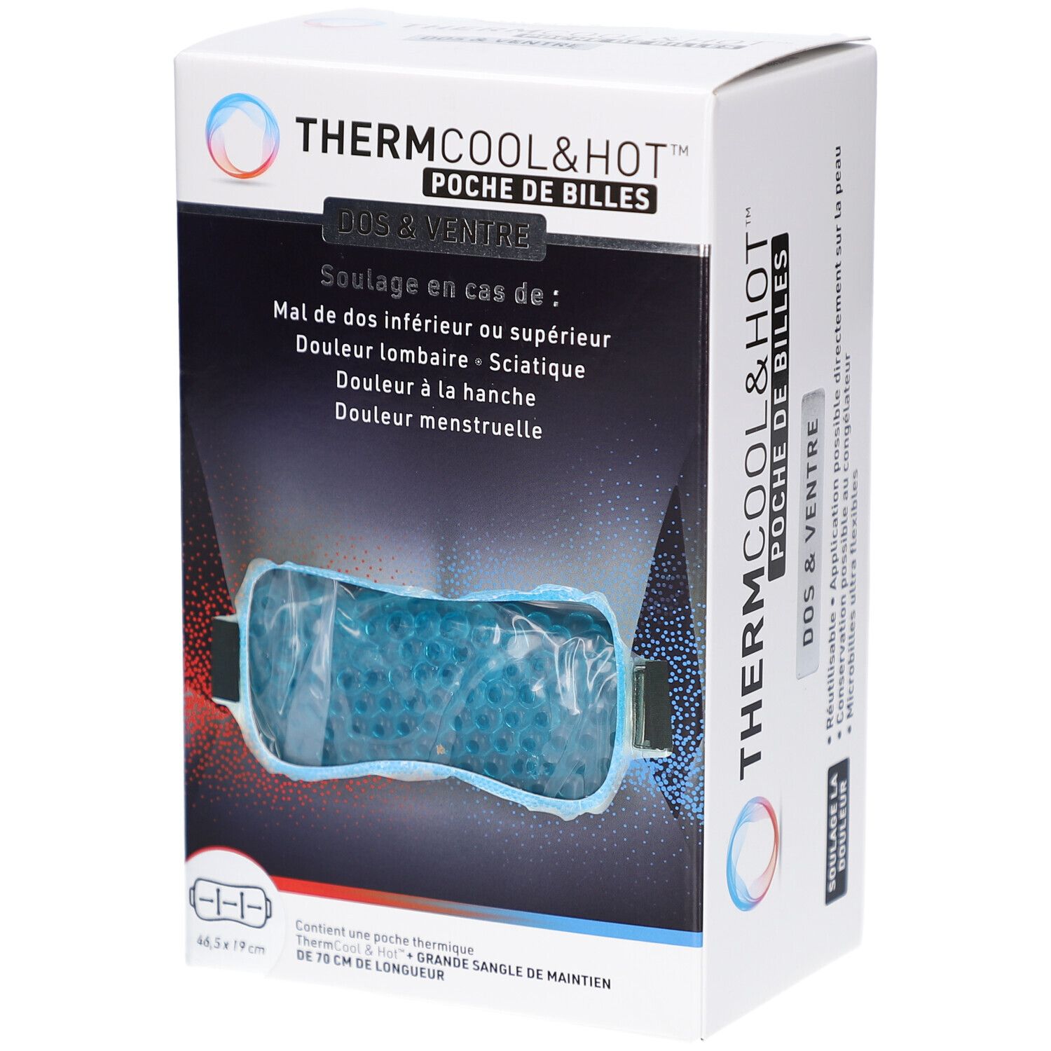 Boîte THERMCOOL & HOT POCHE DE BILLES. Poche de gel bleue visible. Texte: DOS & VENTRE, Soulagement de la douleur.