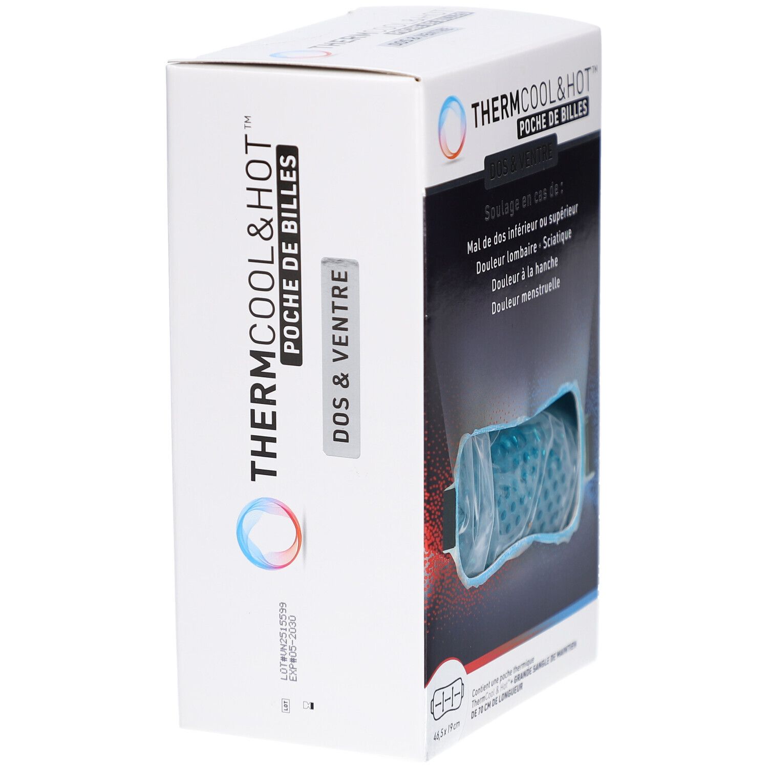 Boîte THERMCOOL & HOT POCHE DE BILLES, vue latérale. Texte: DOS & VENTRE, nom du produit, date de péremption.