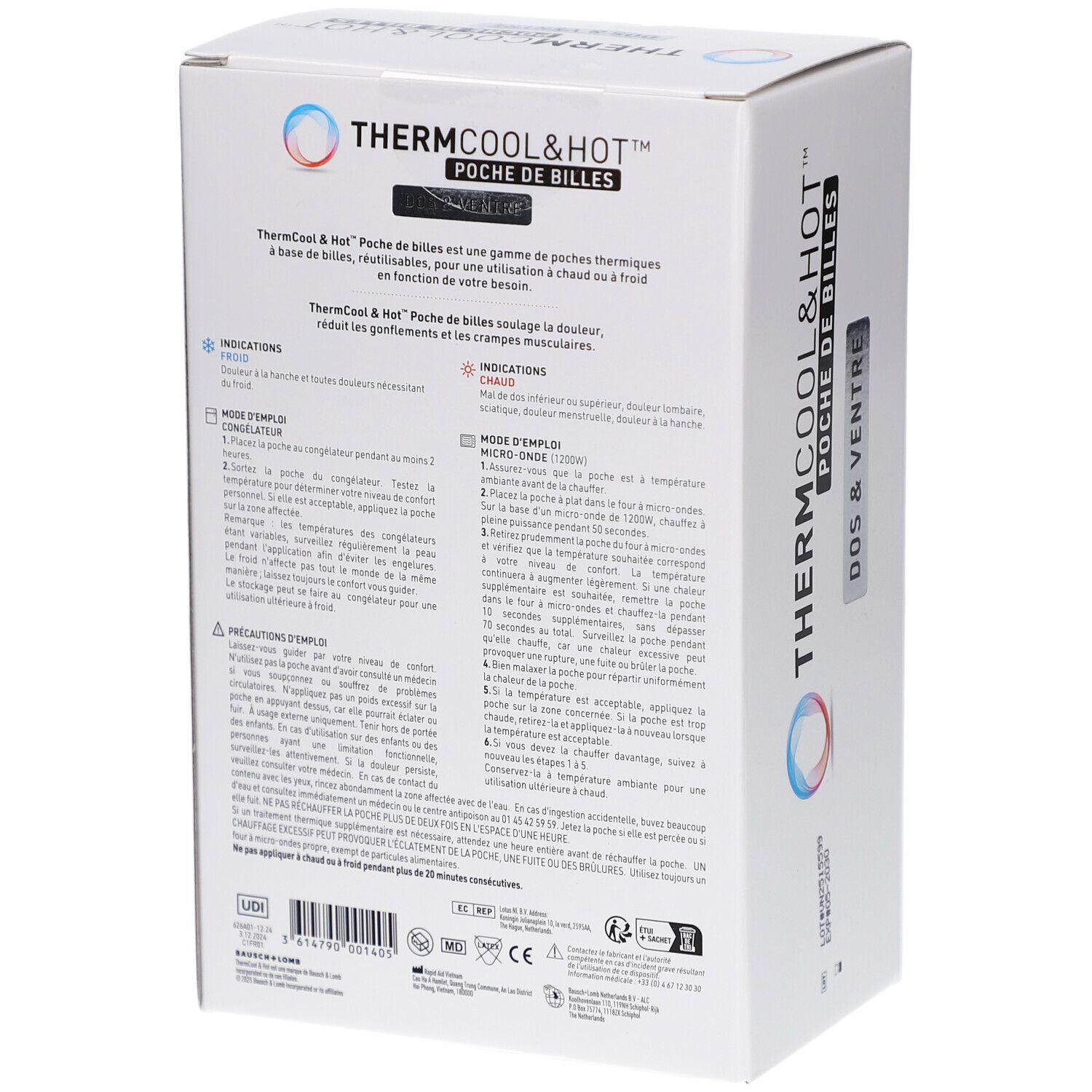 Dos de la boîte THERMCOOL & HOT POCHE DE BILLES. Texte: instructions d'utilisation, ingrédients, certifications.