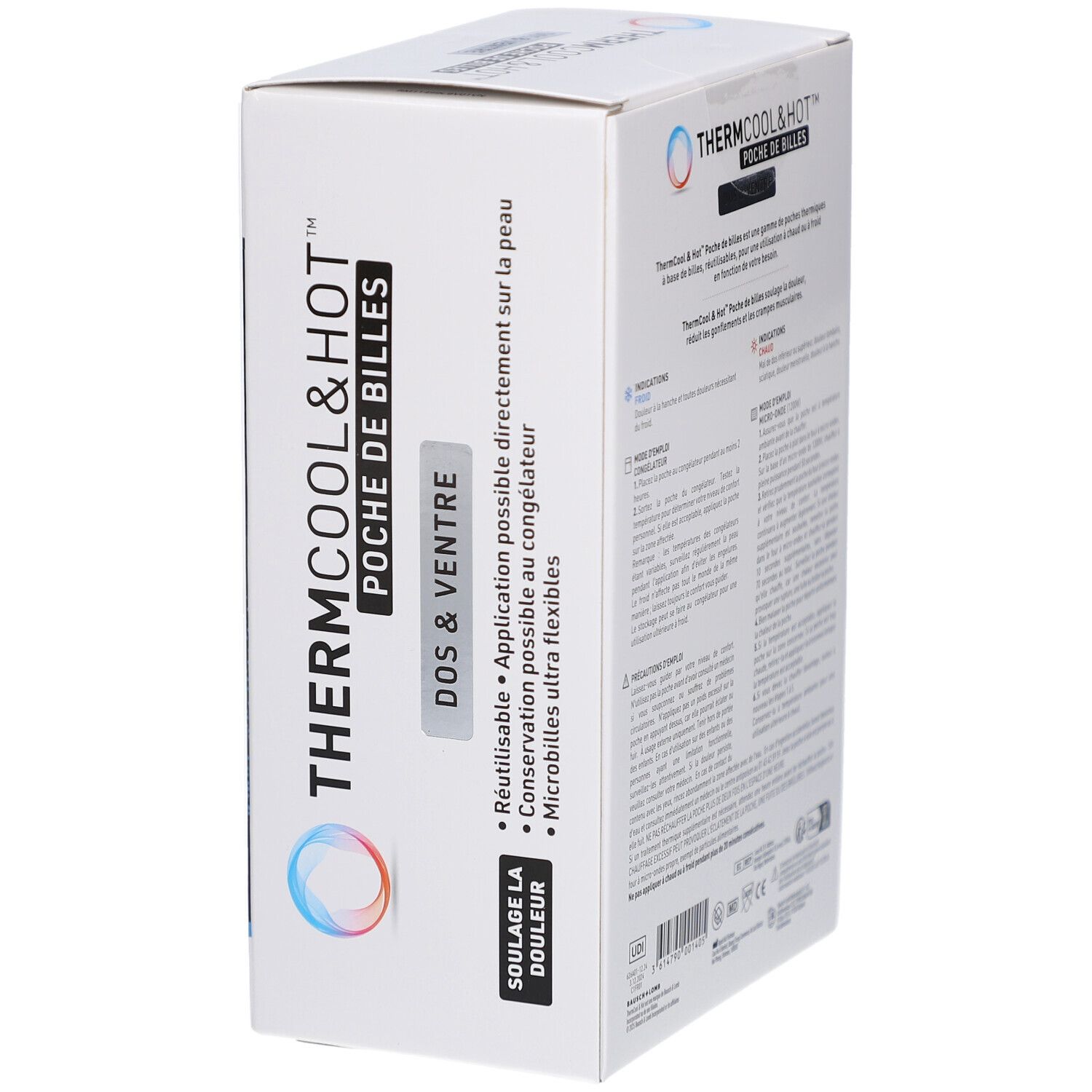 Boîte THERMCOOL & HOT POCHE DE BILLES. Texte: DOS & VENTRE, réutilisable, application sur la peau.