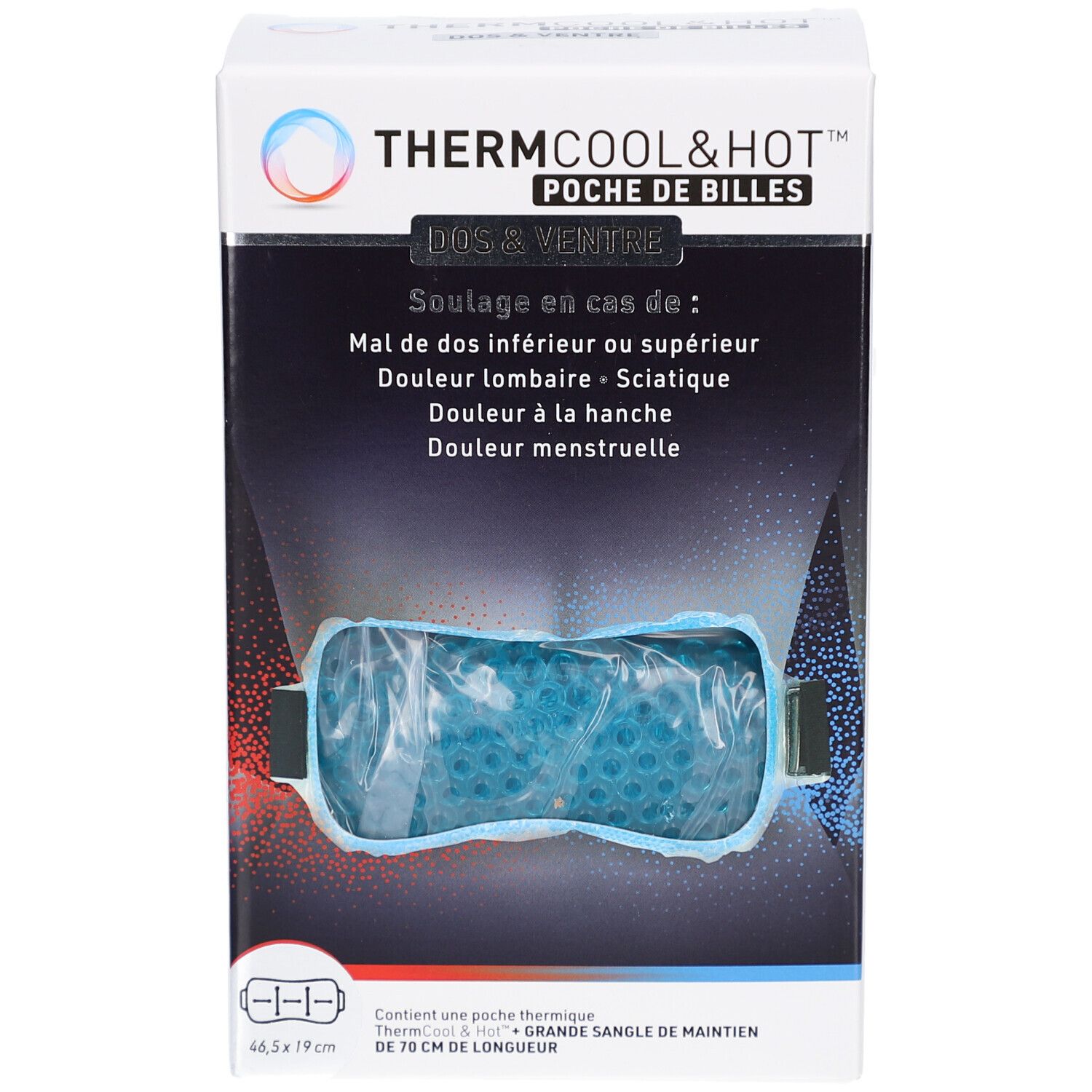Boîte THERMCOOL & HOT POCHE DE BILLES. Poche de gel bleue visible. Texte: DOS & VENTRE, Soulagement de la douleur.