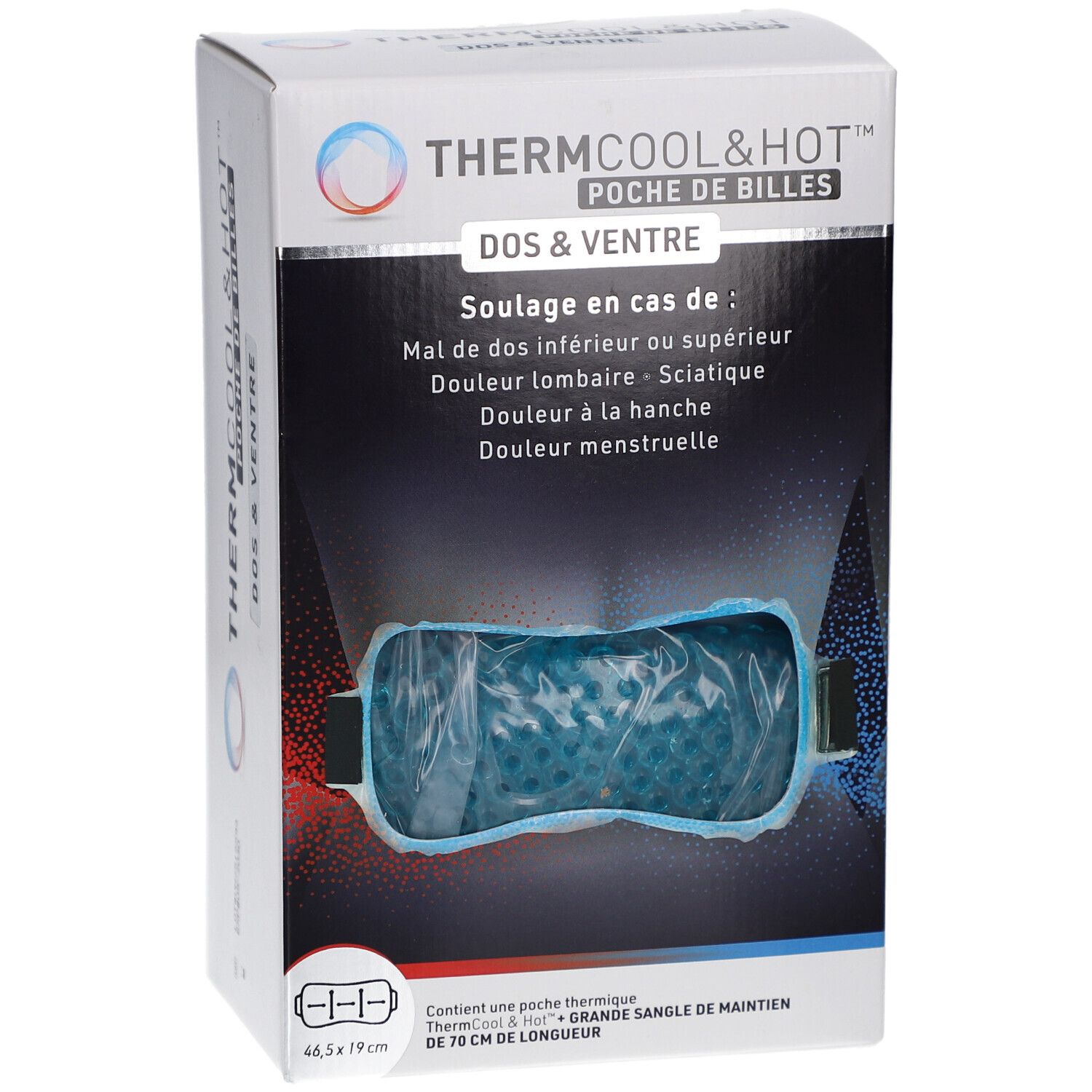 Boîte THERMCOOL & HOT POCHE DE BILLES. Poche de gel bleue visible. Texte: DOS & VENTRE, Soulagement de la douleur.