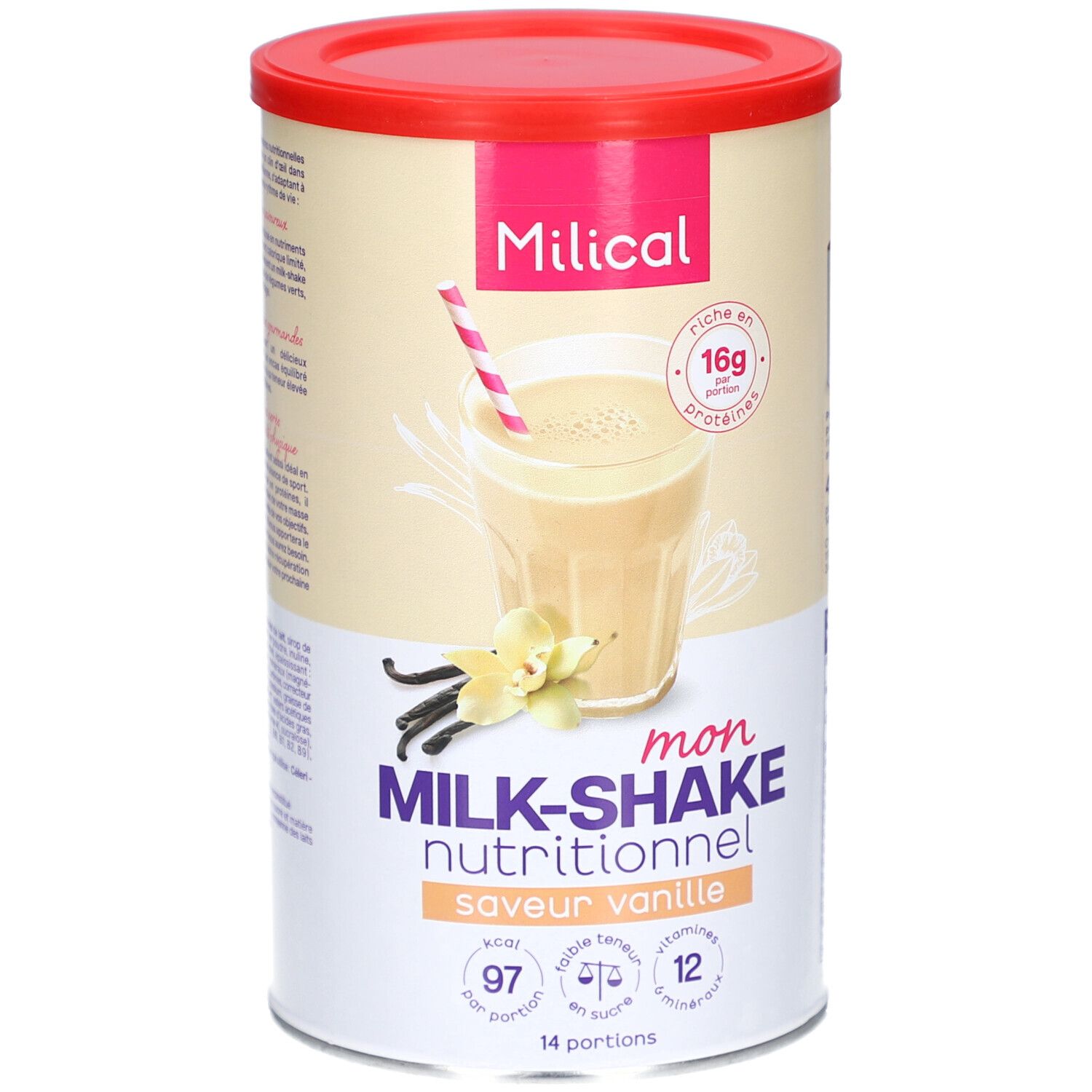 Boîte de Milk-Shake nutritionnel Milical saveur vanille. Couvercle rouge. Image d'un milk-shake à la vanille. 16g protéines, 97 kcal par portion, 12 vitamines.