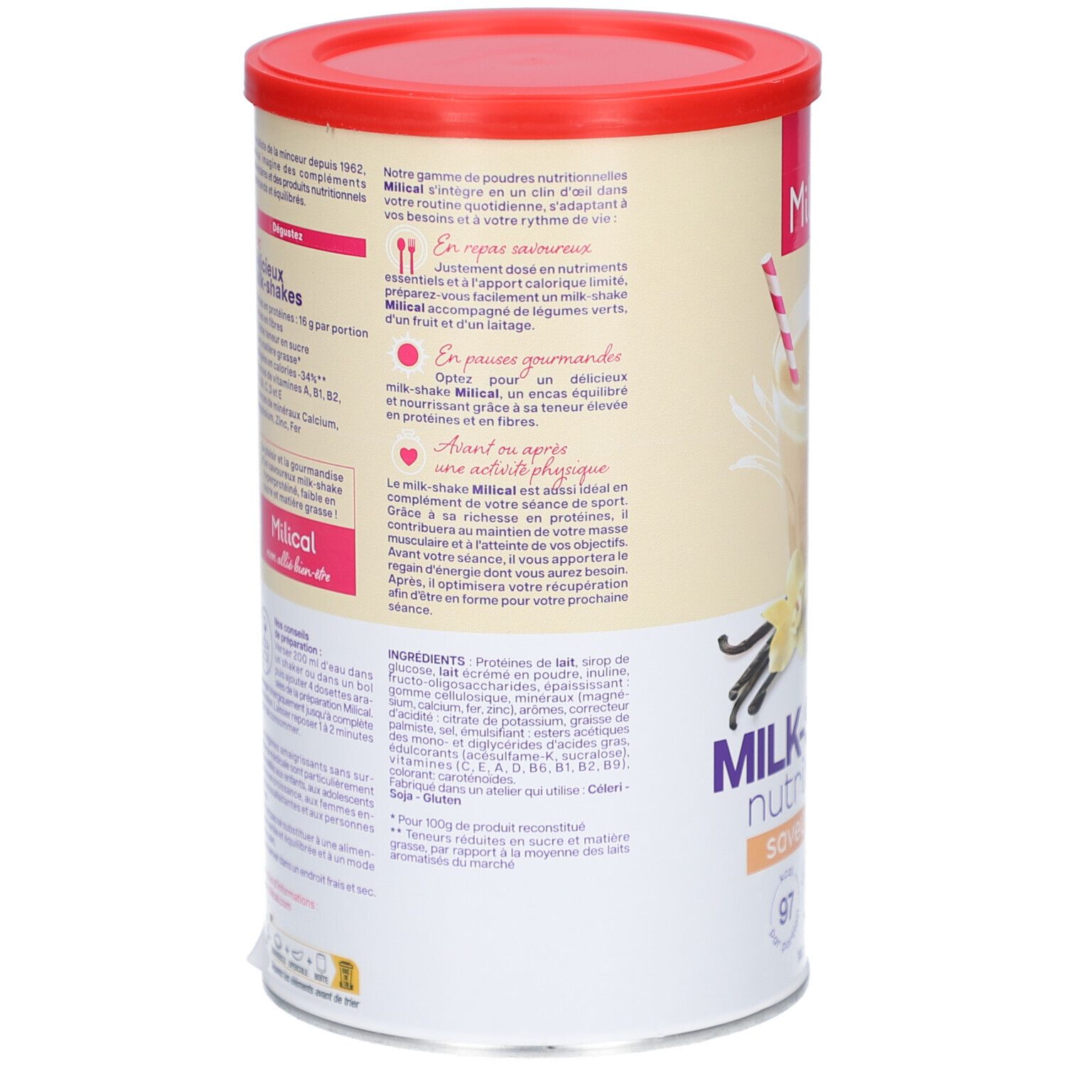 Dos de la boîte de Milk-Shake Milical vanille. Texte sur les ingrédients et la valeur nutritionnelle. Couvercle rouge. Texte en français.