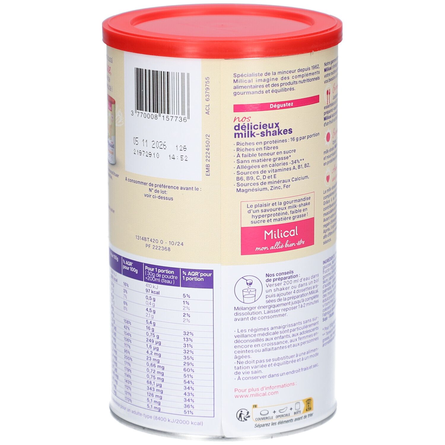 Dos de la boîte de Milk-Shake Milical vanille. Texte et tableau nutritionnel. Couvercle rouge. Code-barres et date de péremption.