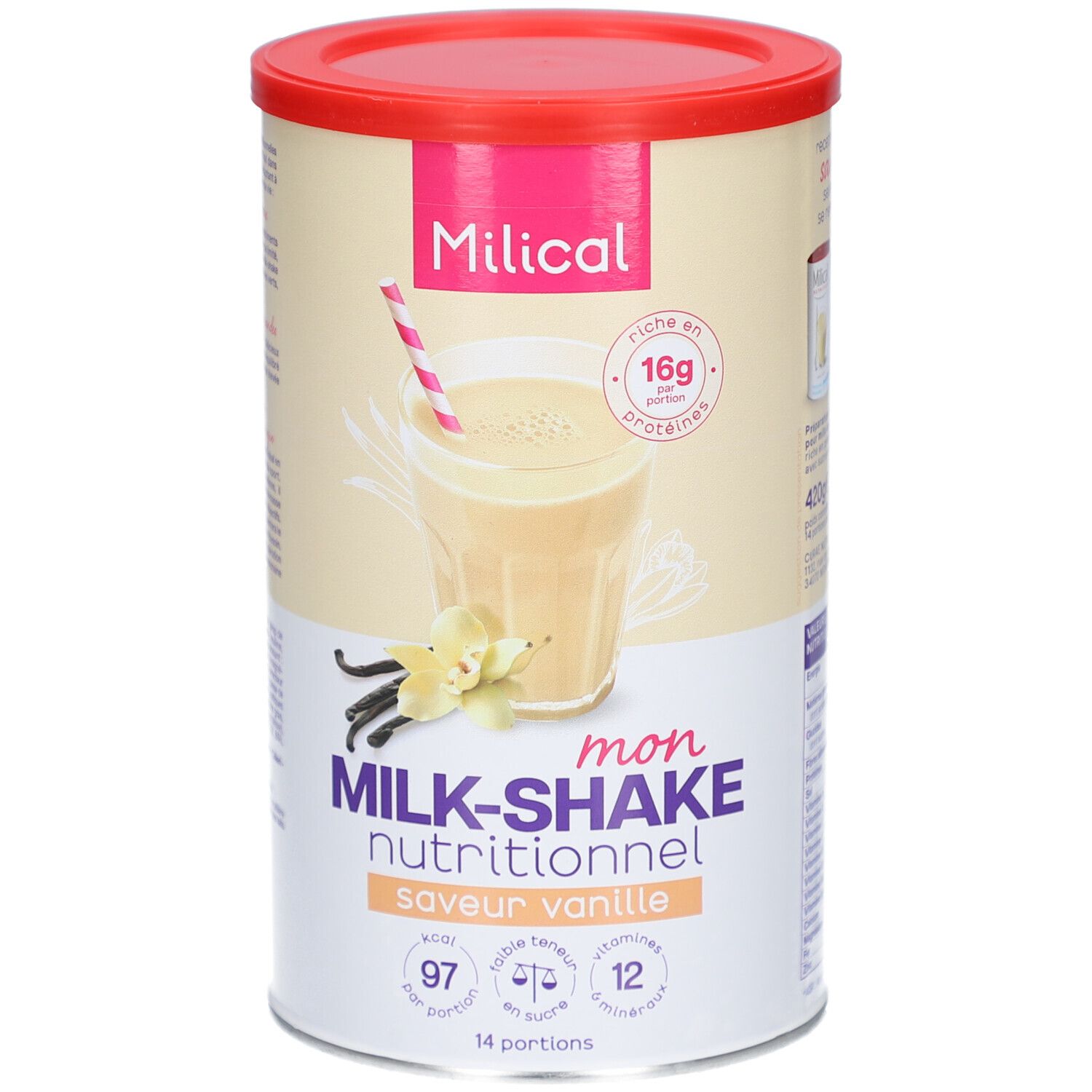 Boîte de Milk-Shake Milical vanille. Couvercle rouge. Image d'un milk-shake. 16g protéines, 97 kcal par portion, 12 vitamines. 420g.