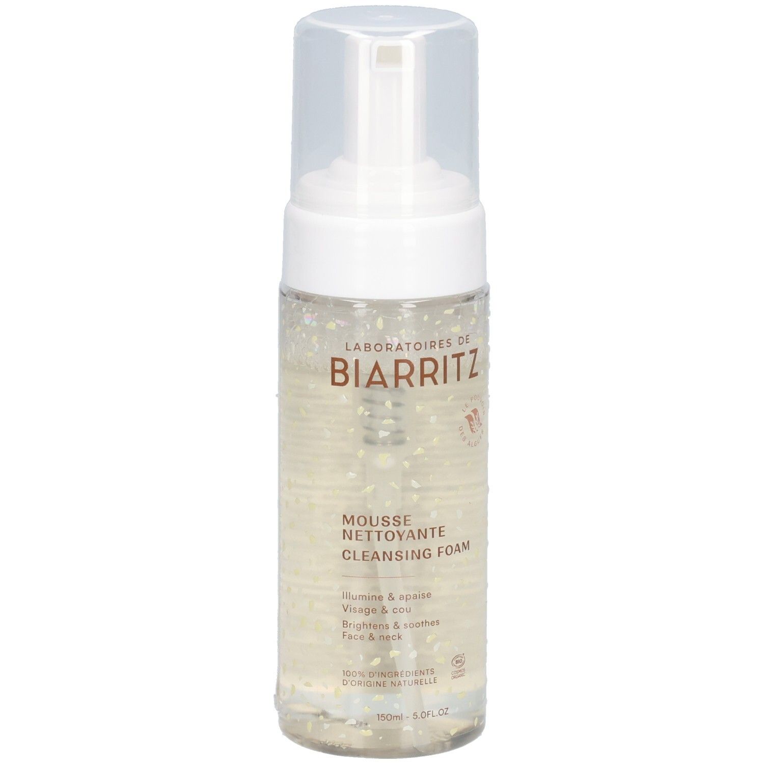 Flacon transparent avec pompe blanche. Inscription: Laboratoires de Biarritz, Mousse nettoyante, Cleansing Foam. Pour visage et cou.