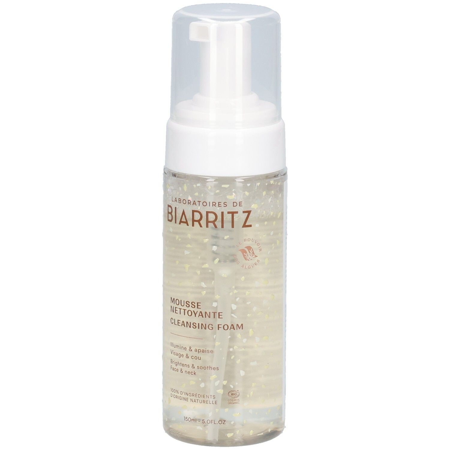 Flacon transparent avec pompe blanche. Inscription: Laboratoires de Biarritz, Mousse nettoyante, Cleansing Foam. Pour visage et cou.