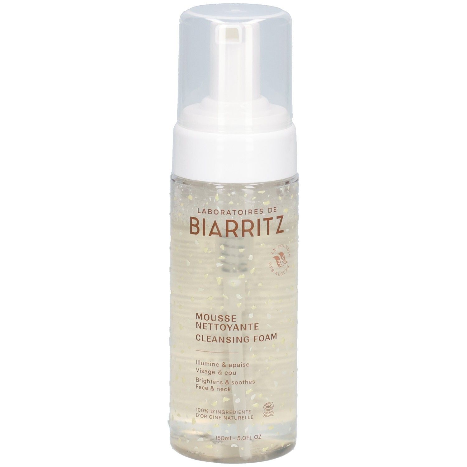 Flacon transparent avec pompe blanche. Inscription: Laboratoires de Biarritz, Mousse nettoyante, Cleansing Foam. Pour visage et cou.