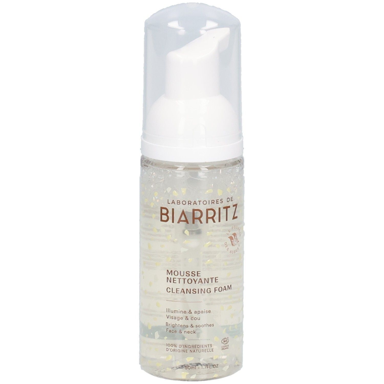 Flacon transparent de Mousse nettoyante Laboratoires de Biarritz. Bouchon et pompe blancs. Texte: Mousse nettoyante, Cleansing Foam.