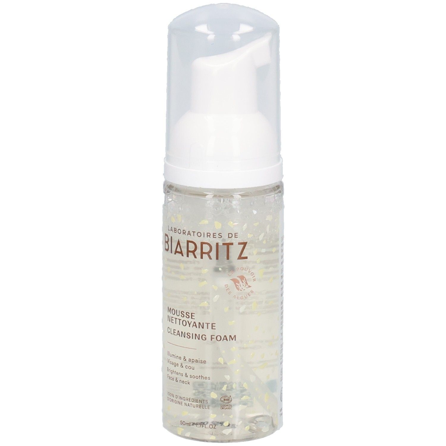 Flacon transparent de Mousse nettoyante Laboratoires de Biarritz. Bouchon et pompe blancs. Texte: Mousse nettoyante, Cleansing Foam.