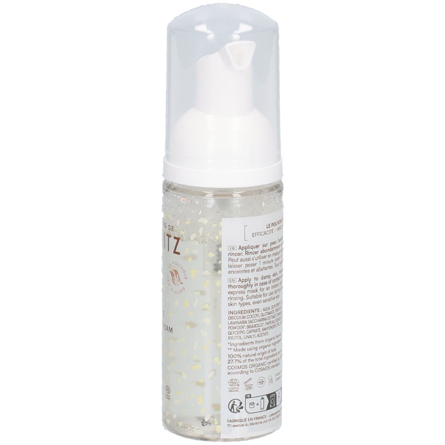 Dos du flacon. Texte: Laboratoires de Biarritz. Informations produit en français. Certification ECOCERT.