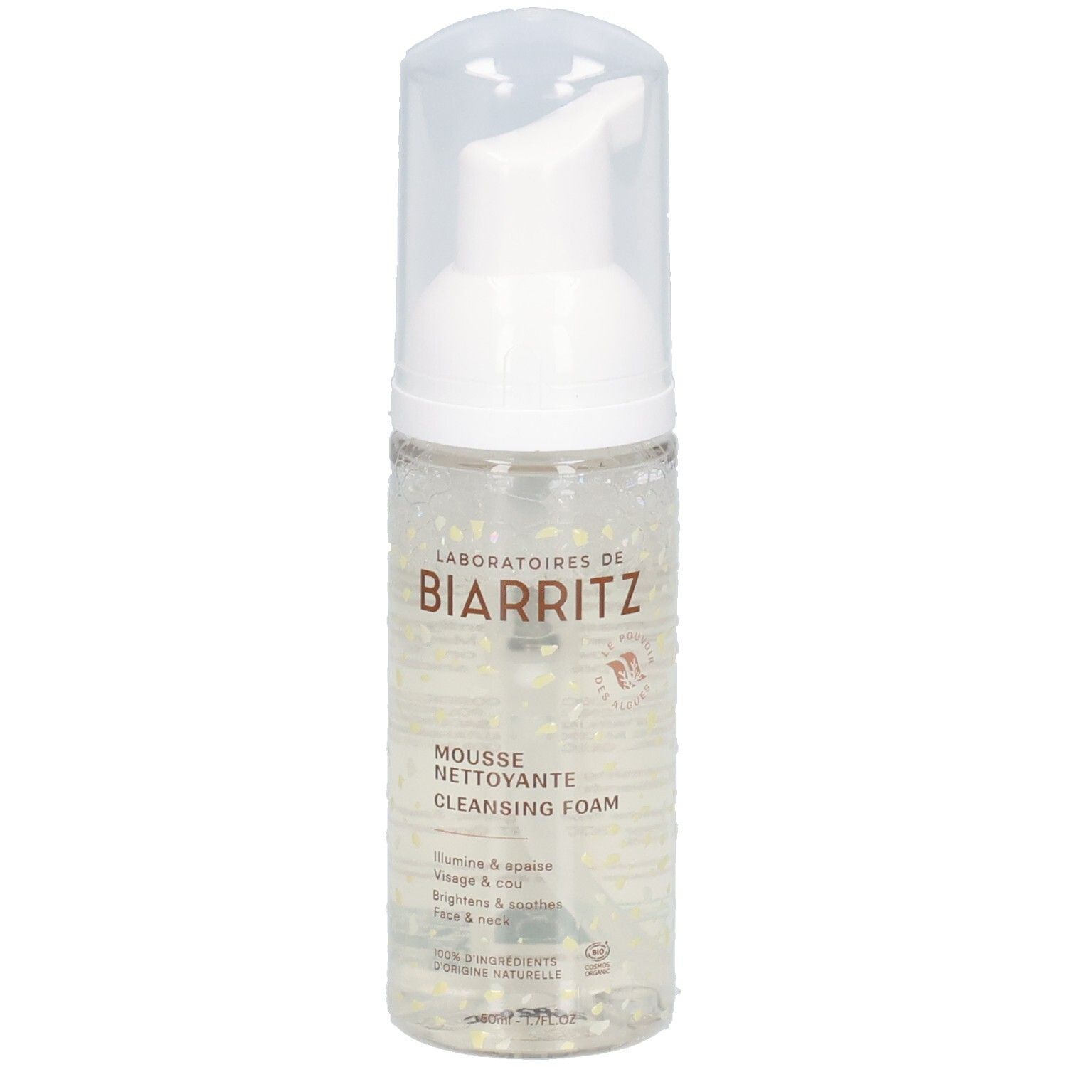 Flacon transparent de Mousse nettoyante Laboratoires de Biarritz. Bouchon et pompe blancs. Texte: Mousse nettoyante, Cleansing Foam.