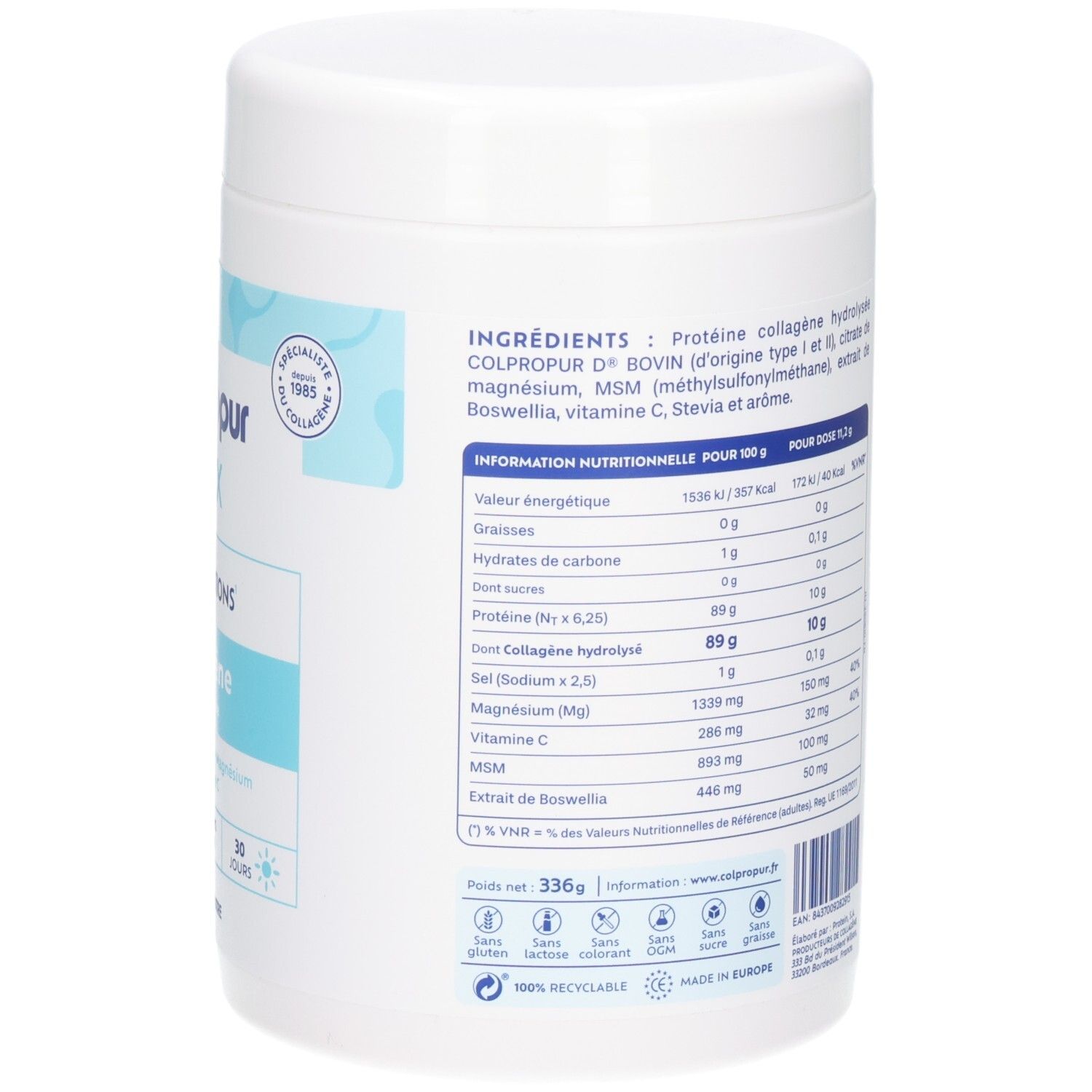 Poudre de collagène Colpropur Flex pour articulations, 10g par dose, avec MSM, Boswellia, Magnésium et Vitamine C.