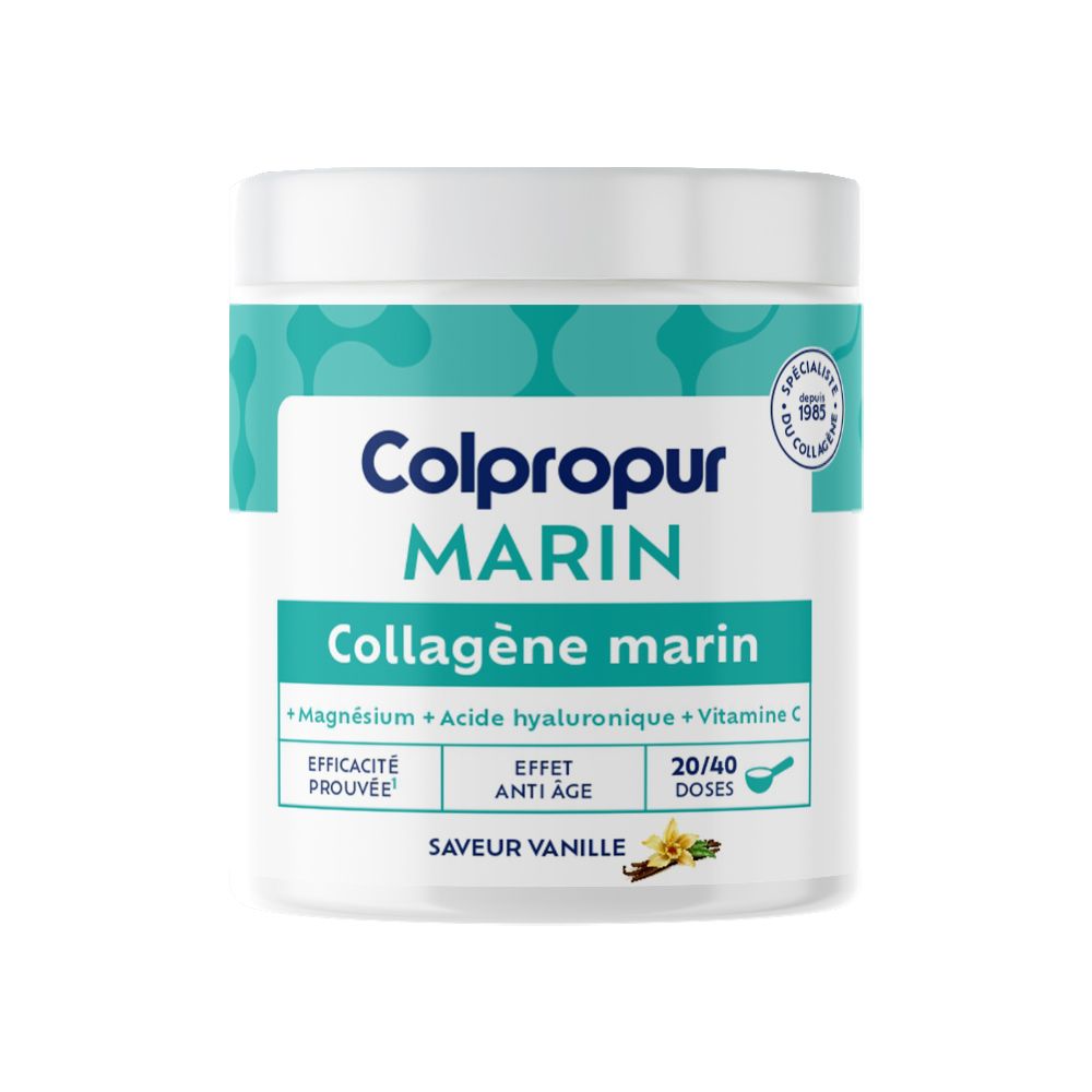 Poudre de collagène marin Colpropur, saveur vanille, avec magnésium, acide hyaluronique et vitamine C.